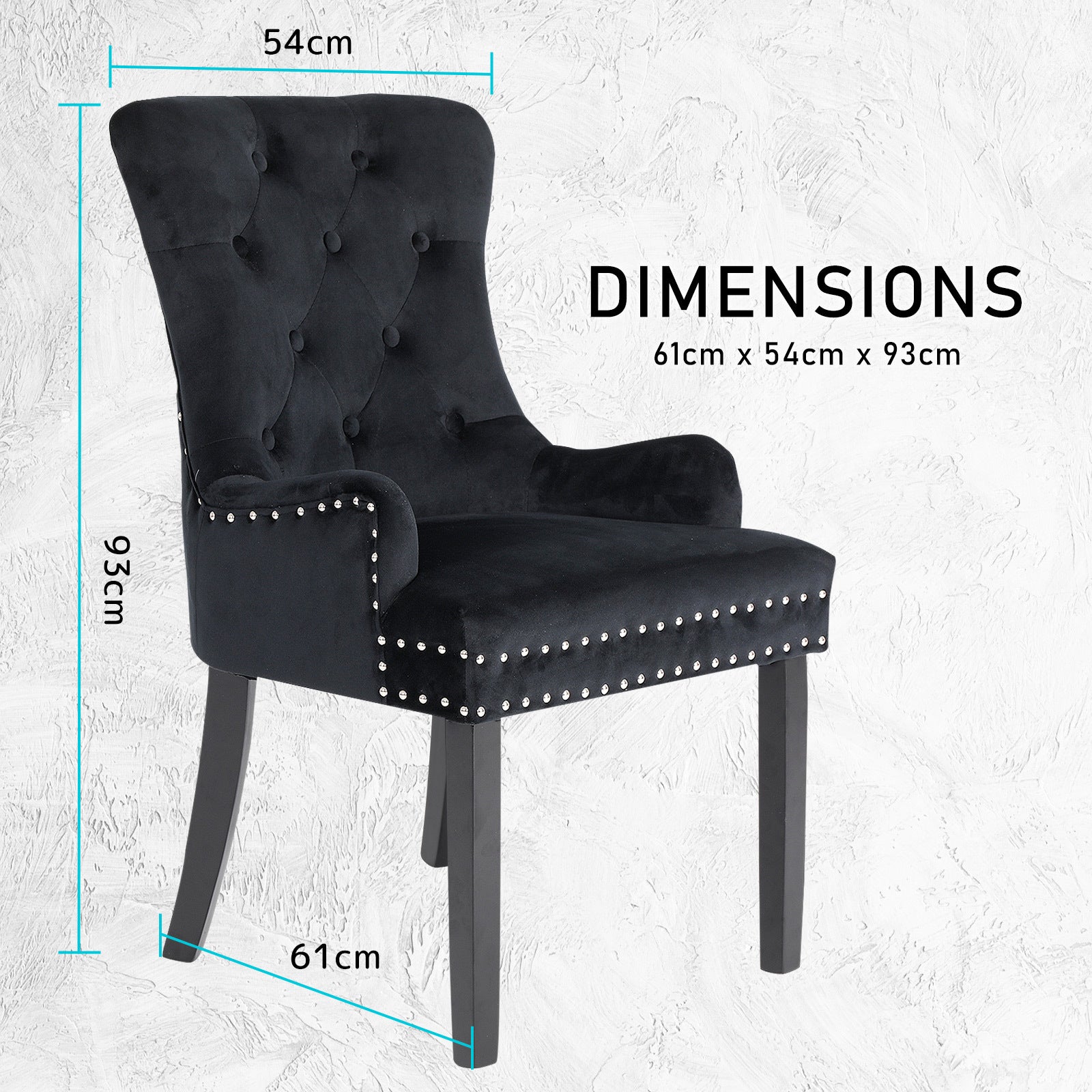 2X French Provincial Dining Chair Ring Studded Velvet Rubberwood Leg LISSE BLACK V274-FT-VFC-1141-BK2