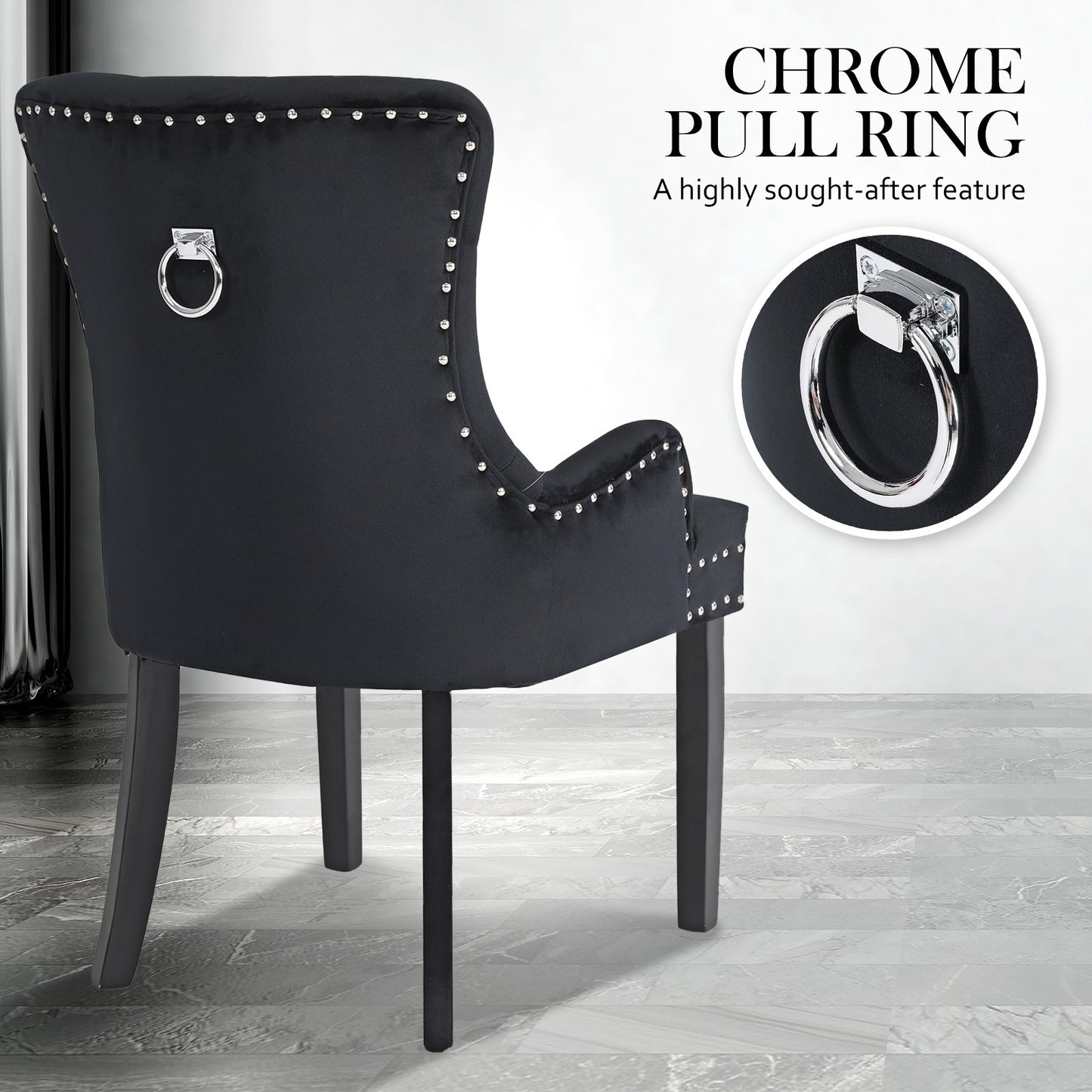 4X French Provincial Dining Chair Ring Studded Velvet Rubberwood Leg LISSE BLACK V274-FT-VFC-1141-BK4