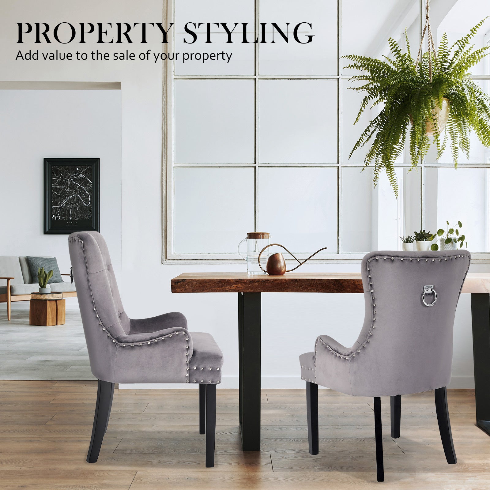 2X French Provincial Dining Chair Ring Studded Velvet Rubberwood Leg LISSE GREY V274-FT-VFC-1141-GY2