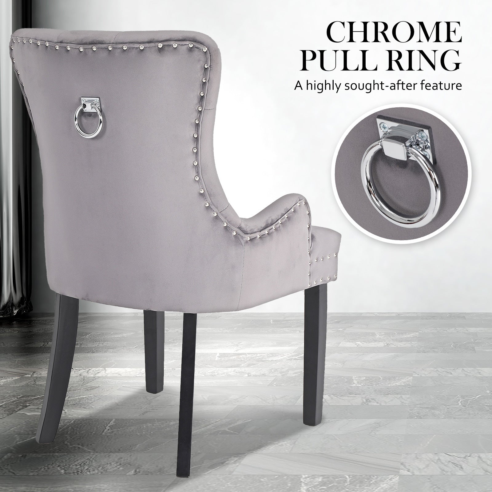 2X French Provincial Dining Chair Ring Studded Velvet Rubberwood Leg LISSE GREY V274-FT-VFC-1141-GY2