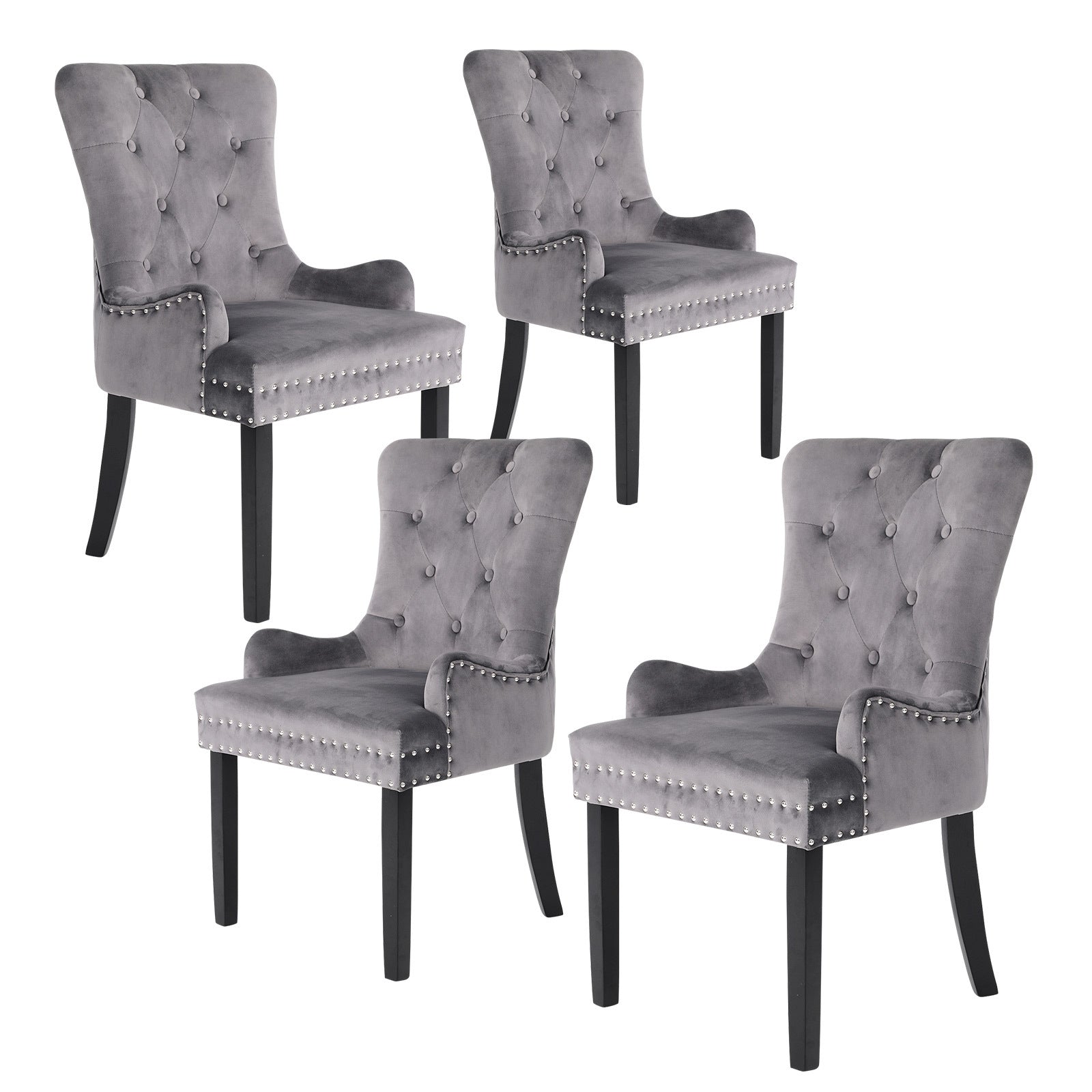 4X French Provincial Dining Chair Ring Studded Velvet Rubberwood Leg LISSE GREY V274-FT-VFC-1141-GY4