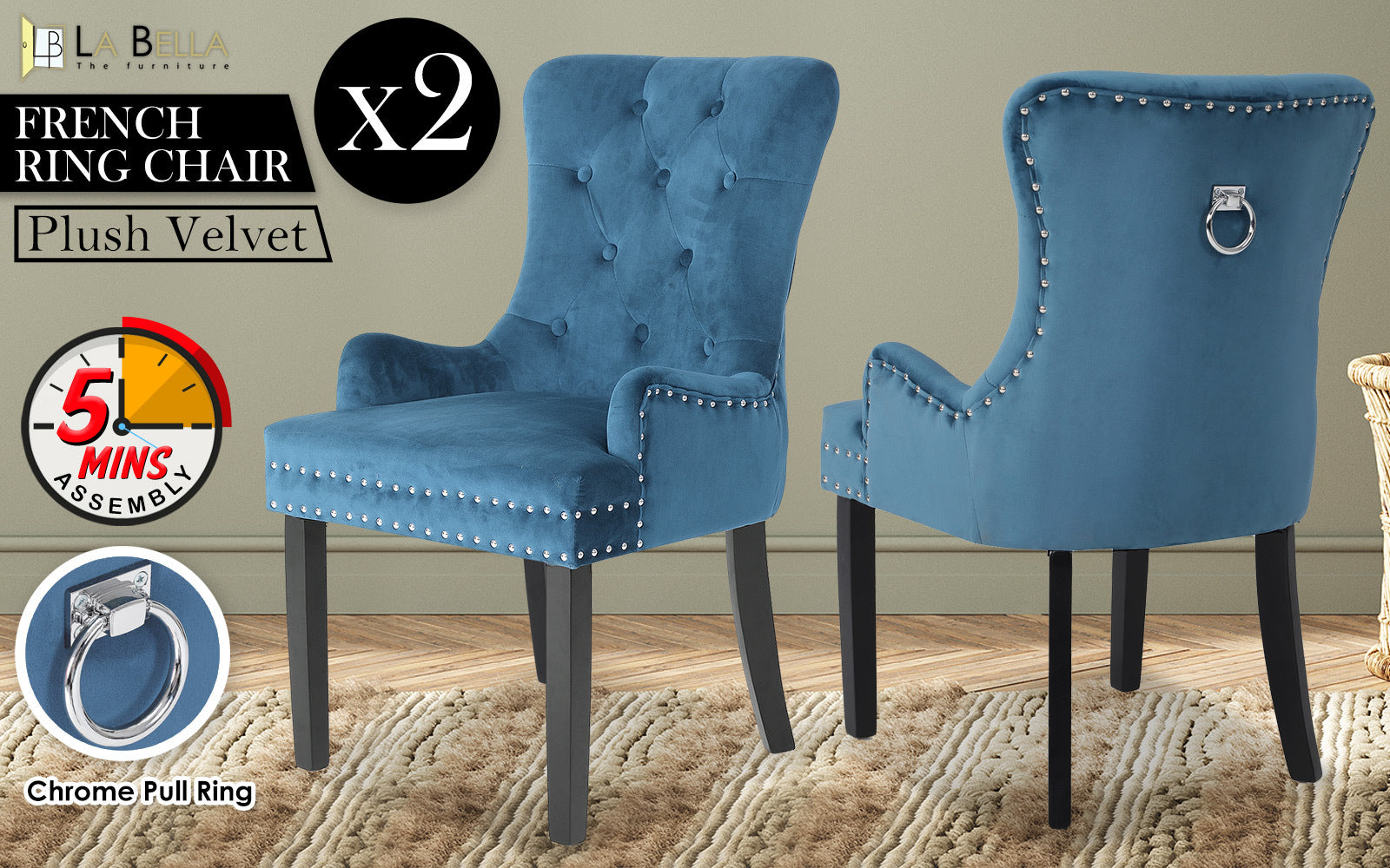2X French Provincial Dining Chair Ring Studded Velvet Rubberwood Leg LISSE NAVY BLUE V274-FT-VFC-1141-NV2