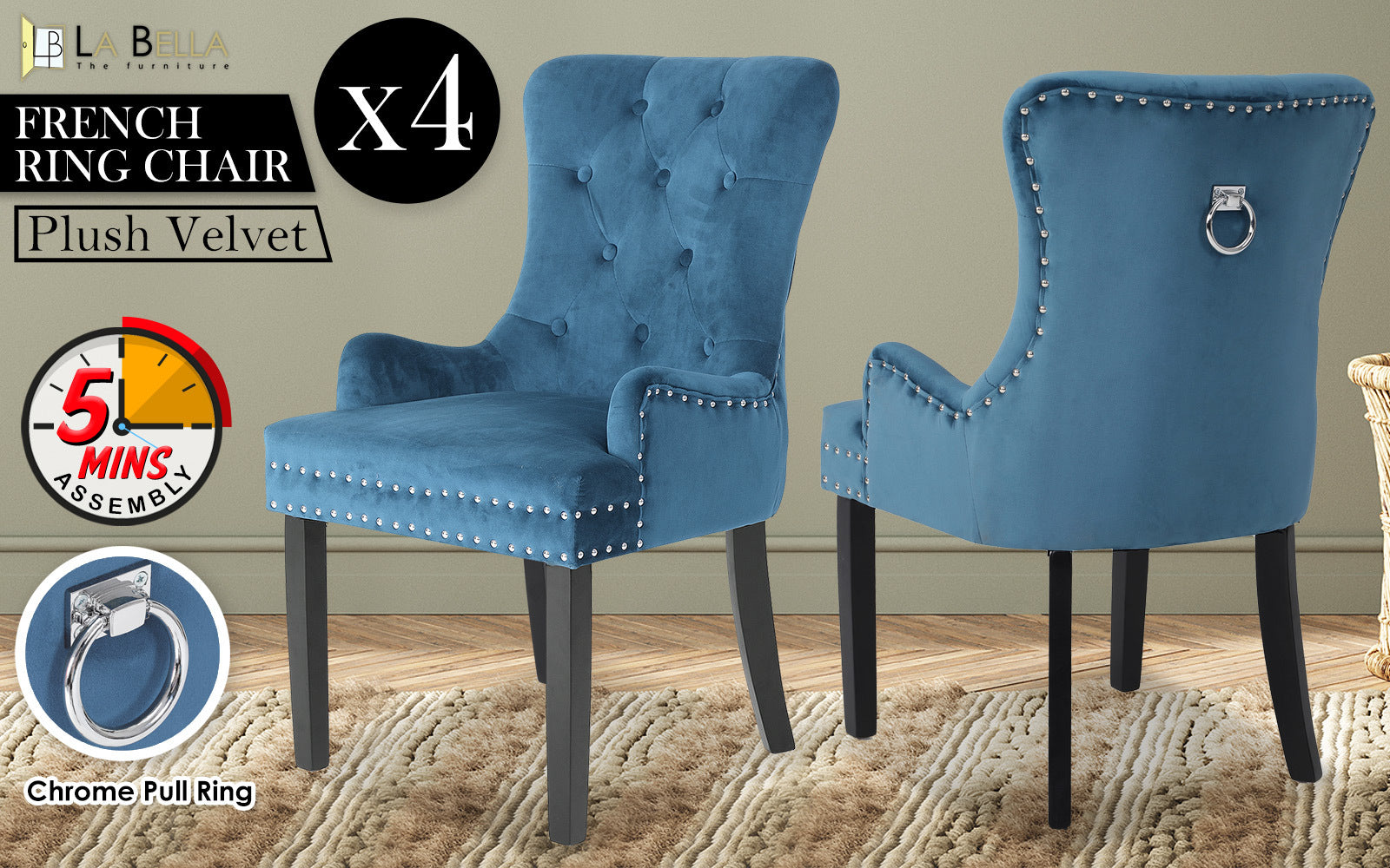 4X French Provincial Dining Chair Ring Studded Velvet Rubberwood Leg LISSE NAVY BLUE V274-FT-VFC-1141-NV4