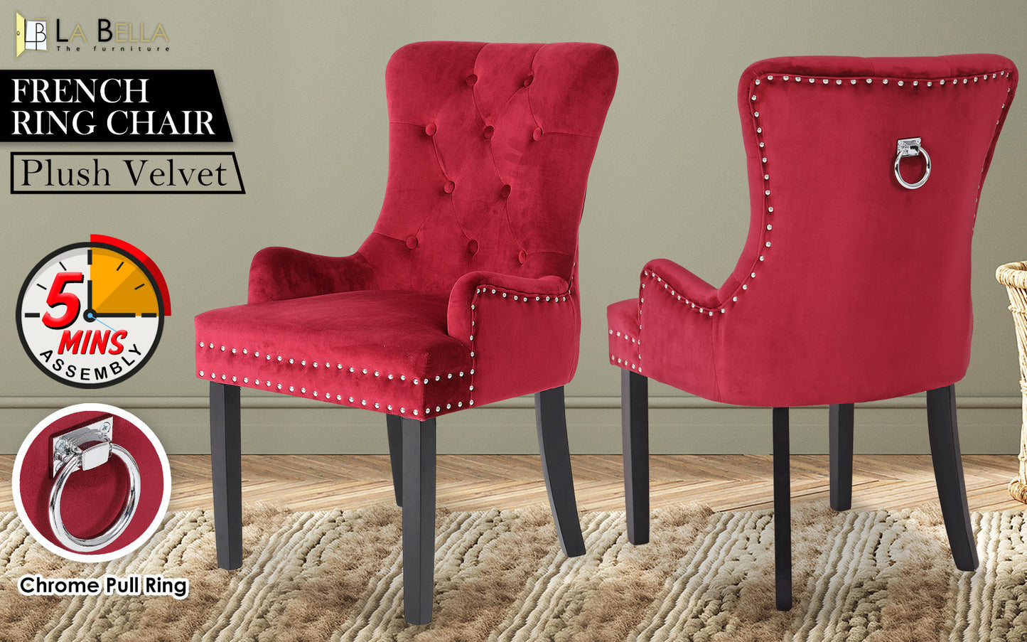 French Provincial Dining Chair Ring Studded Velvet Rubberwood Leg LISSE BORDEAUX RED V274-FT-VFC-1141-RD1