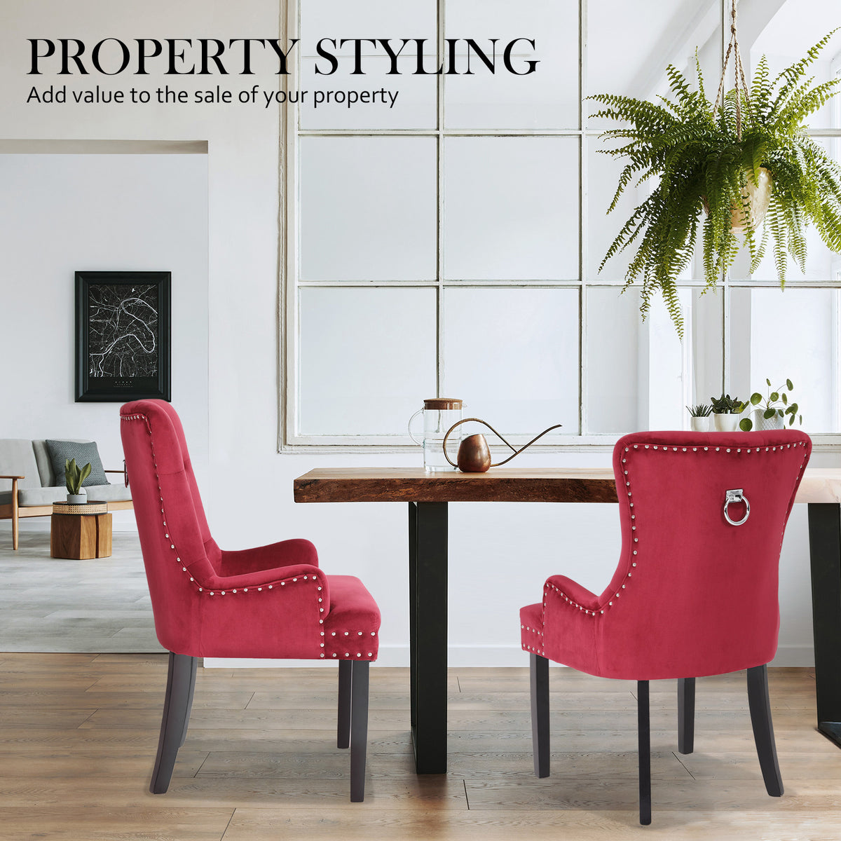French Provincial Dining Chair Ring Studded Velvet Rubberwood Leg LISSE BORDEAUX RED V274-FT-VFC-1141-RD1