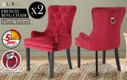 2X French Provincial Dining Chair Ring Studded Velvet Rubberwood Leg LISSE BORDEAUX RED V274-FT-VFC-1141-RD2
