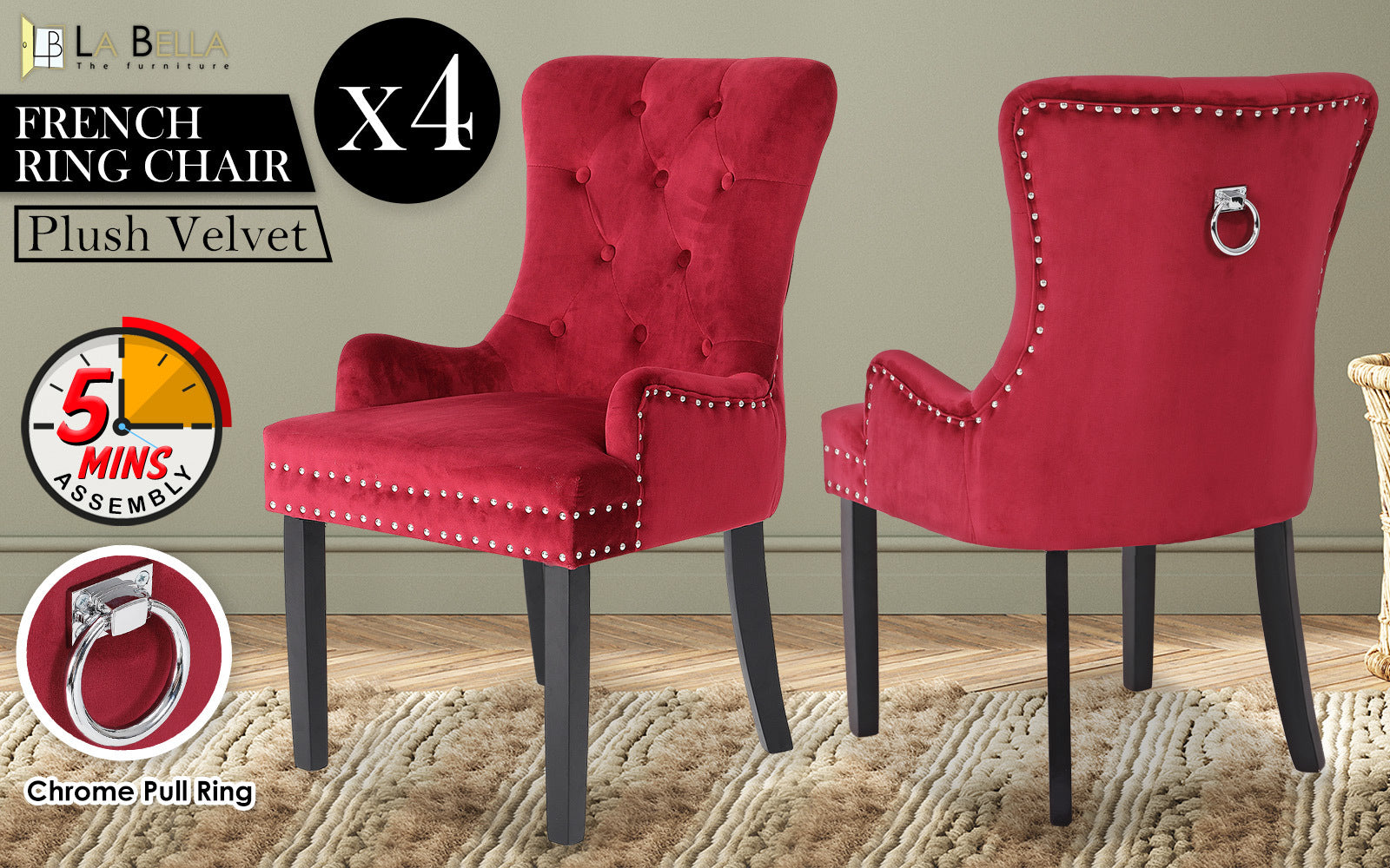 4X French Provincial Dining Chair Ring Studded Velvet Rubberwood Leg LISSE BORDEAUX RED V274-FT-VFC-1141-RD4