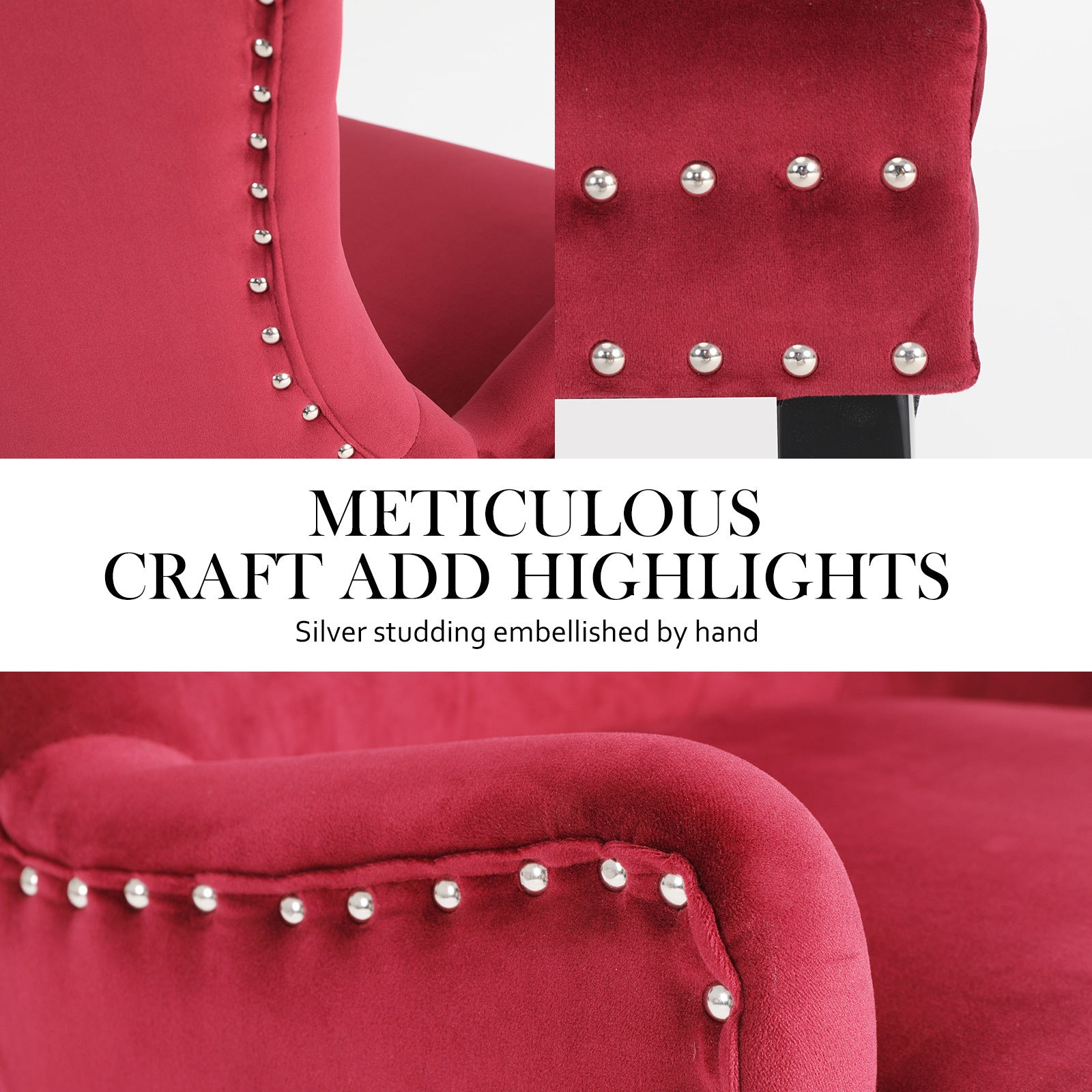 4X French Provincial Dining Chair Ring Studded Velvet Rubberwood Leg LISSE BORDEAUX RED V274-FT-VFC-1141-RD4