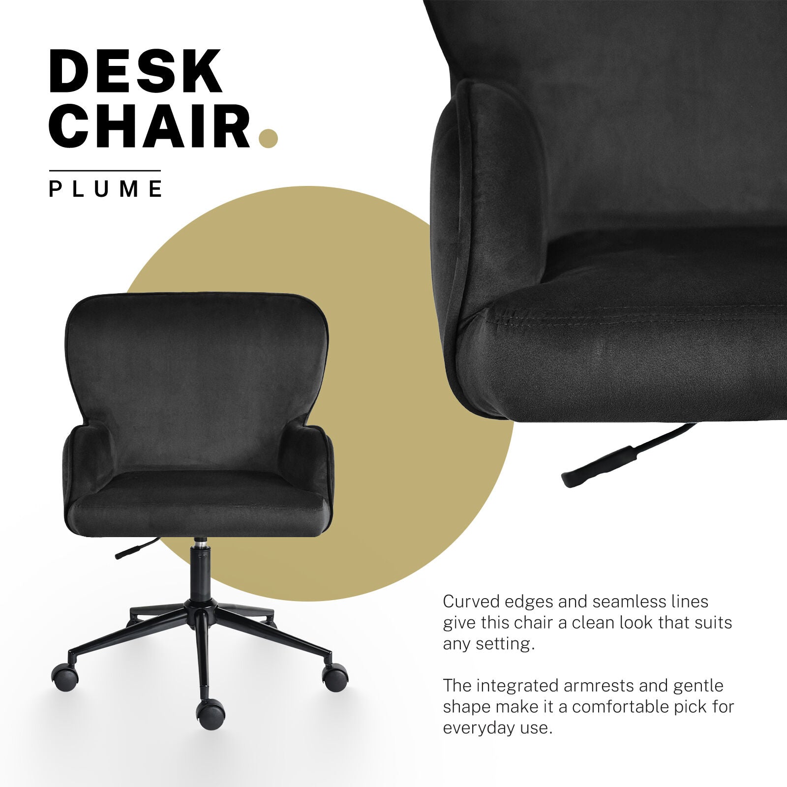 Desk Armchair - Home Office Swivel Chair Adjustable Height Seat PLUME BLACK V274-FT-VOC-001BK-BK
