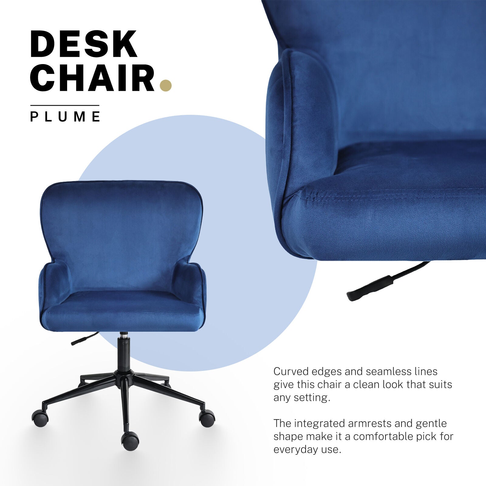 Desk Armchair - Home Office Swivel Chair Adjustable Height Seat PLUME BLUE V274-FT-VOC-001BK-DBU