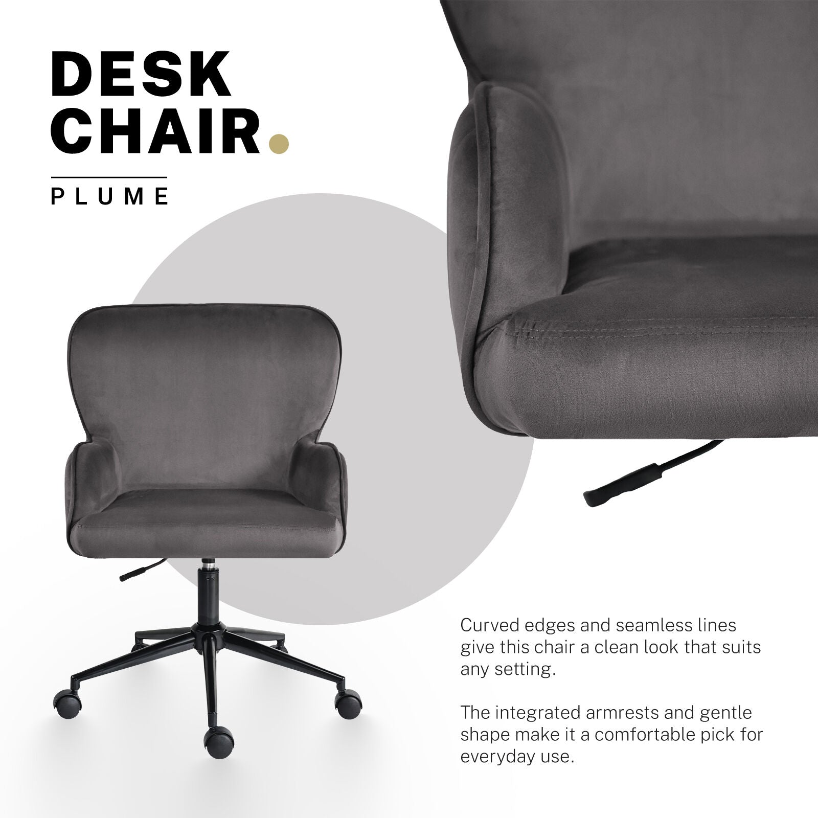 Desk Armchair - Home Office Swivel Chair Adjustable Height Seat PLUME GREY V274-FT-VOC-001BK-GY