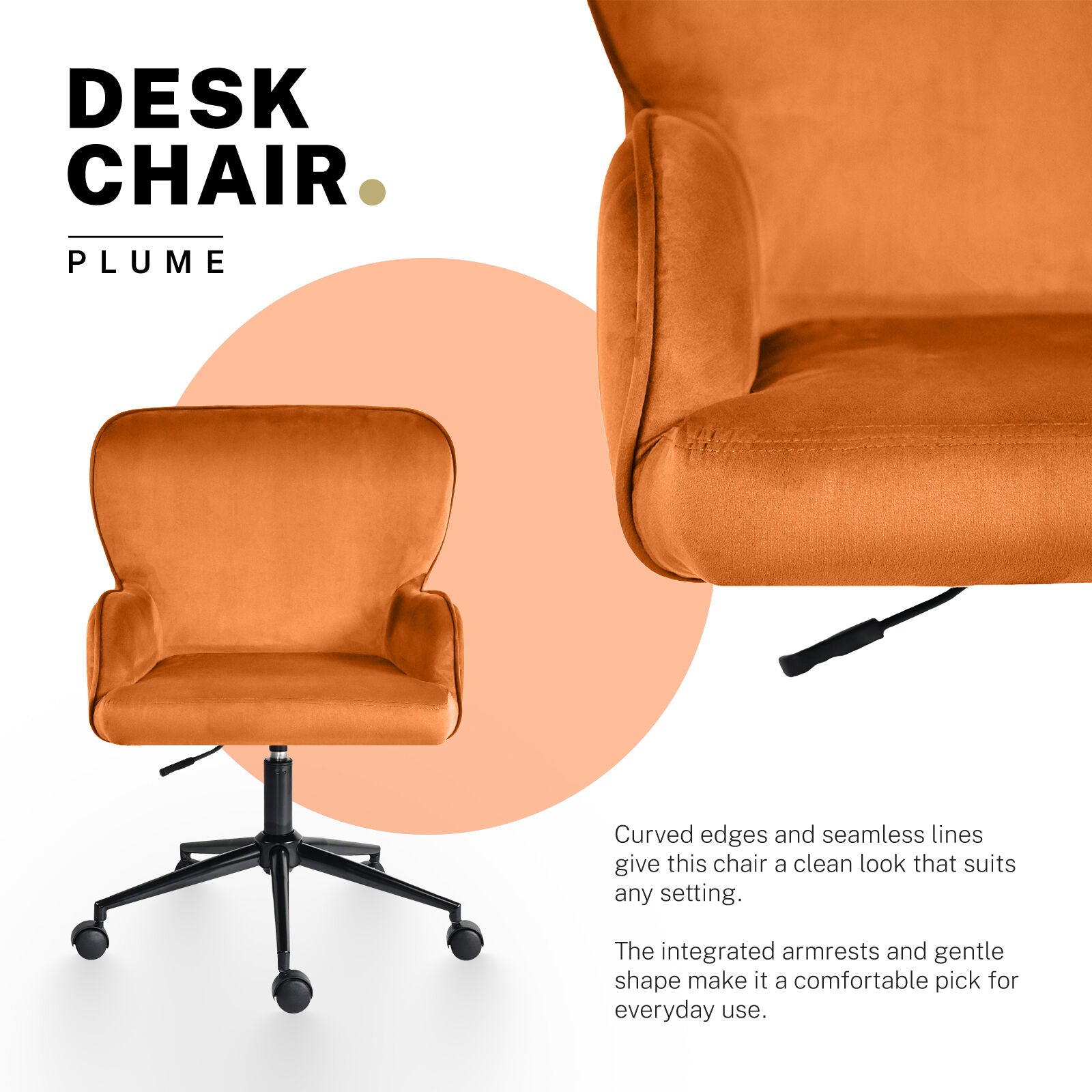 Desk Armchair - Home Office Swivel Chair Adjustable Height Seat PLUME ORANGE V274-FT-VOC-001BK-PKN