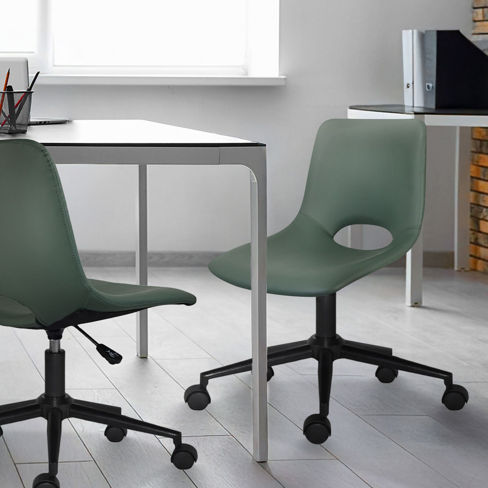 2 Set Office Desk Chair - PU Leather Home Swivel Chair Cut-Out Seat HALO GREEN V274-FT-VOC-002BK-GN2