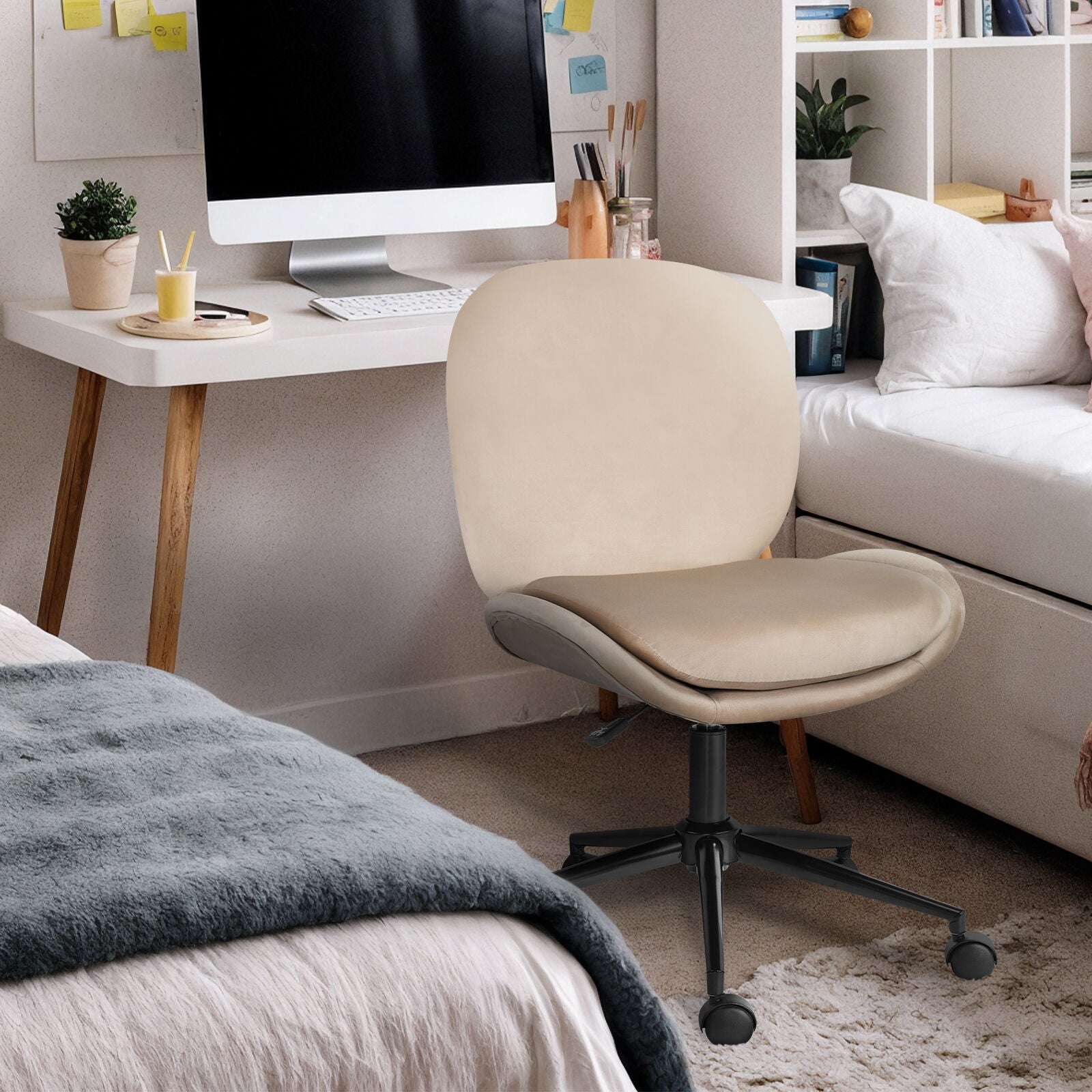 Office Desk Chair - Velvet Armless Swivel Study Seat OVOID PALE KHAKI V274-FT-VOC-003BK-KH
