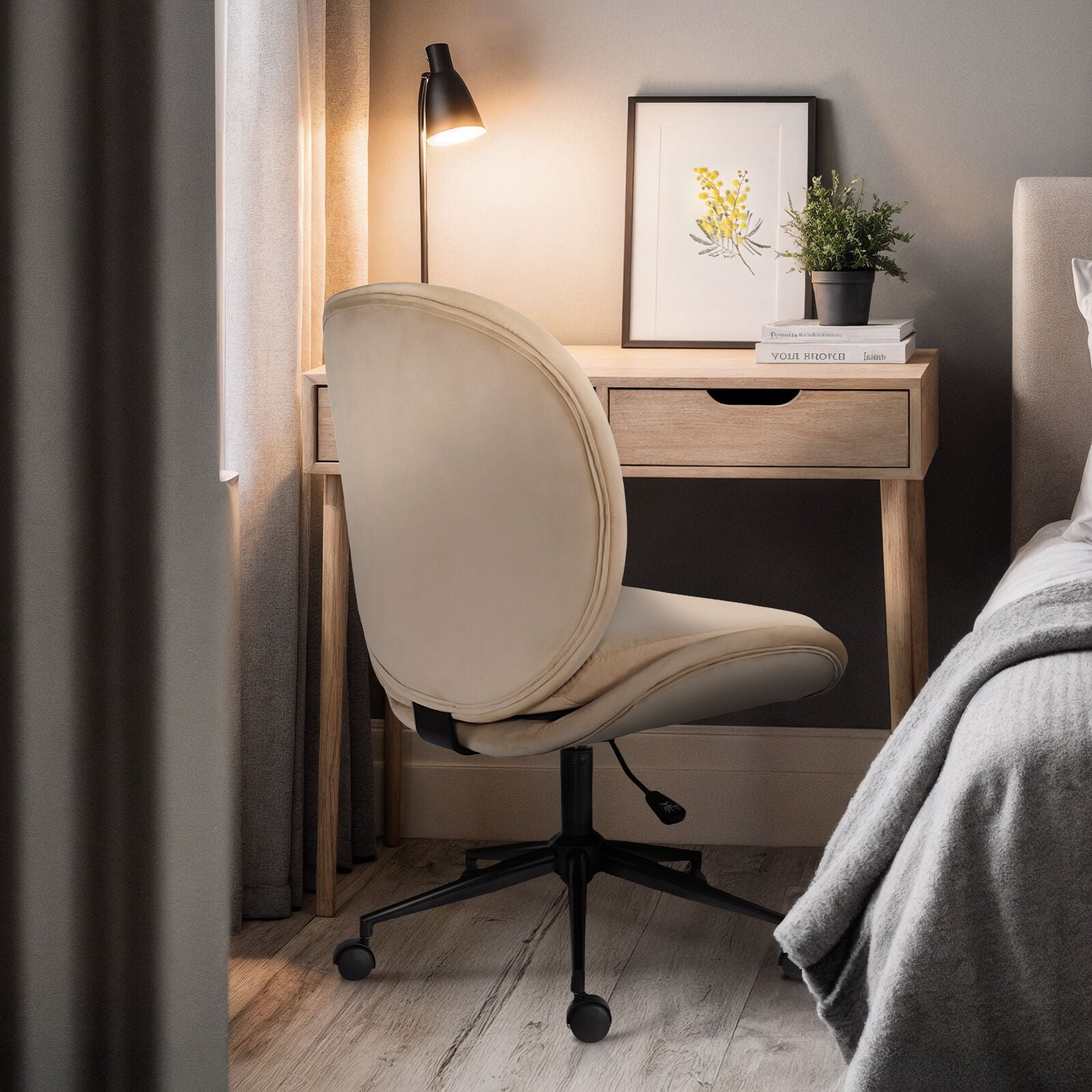 Office Desk Chair - Velvet Armless Swivel Study Seat OVOID PALE KHAKI V274-FT-VOC-003BK-KH
