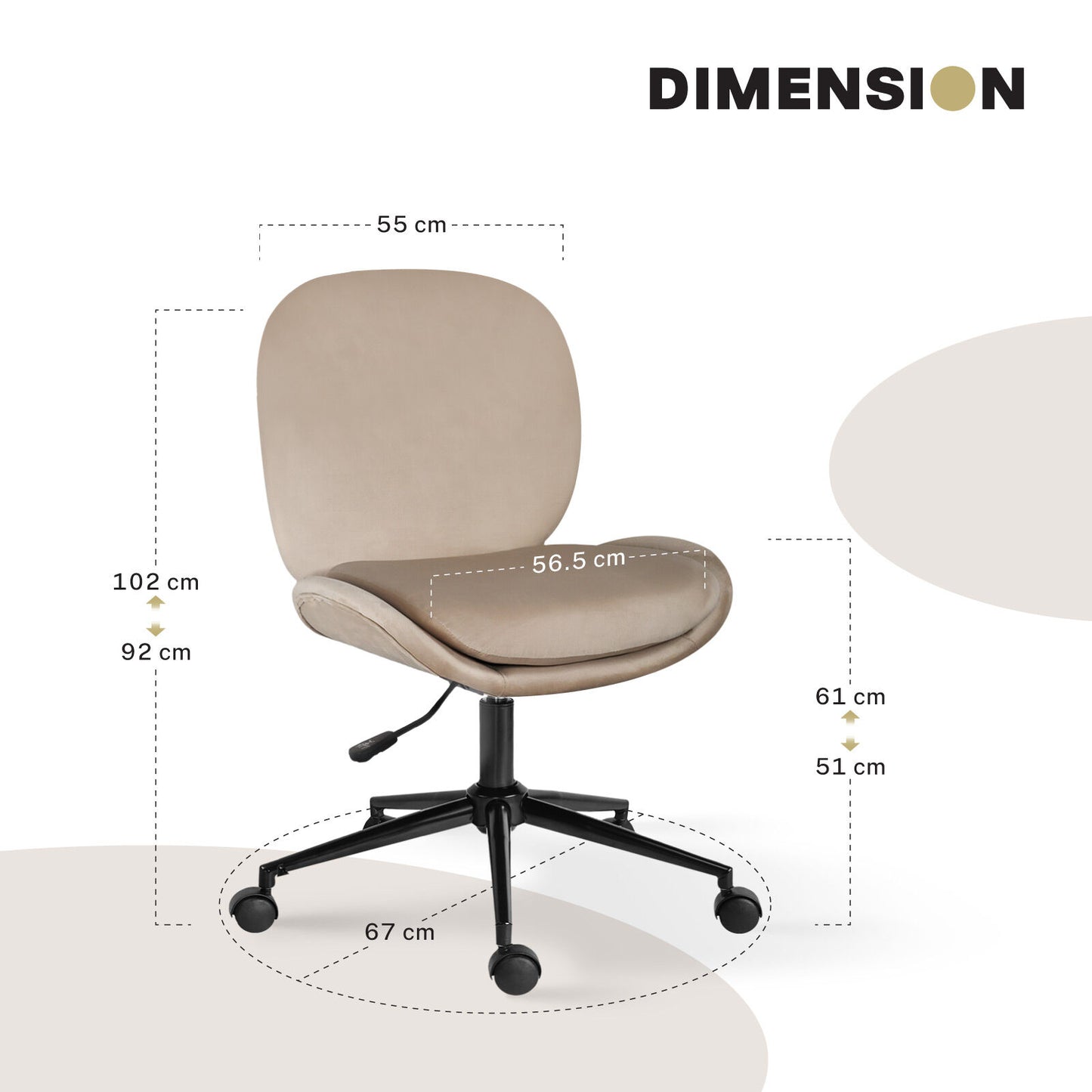 Office Desk Chair - Velvet Armless Swivel Study Seat OVOID PALE KHAKI V274-FT-VOC-003BK-KH