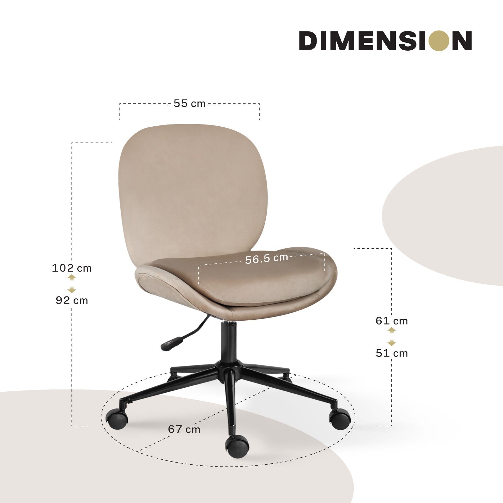 Office Desk Chair - Velvet Armless Swivel Study Seat OVOID PALE KHAKI V274-FT-VOC-003BK-KH