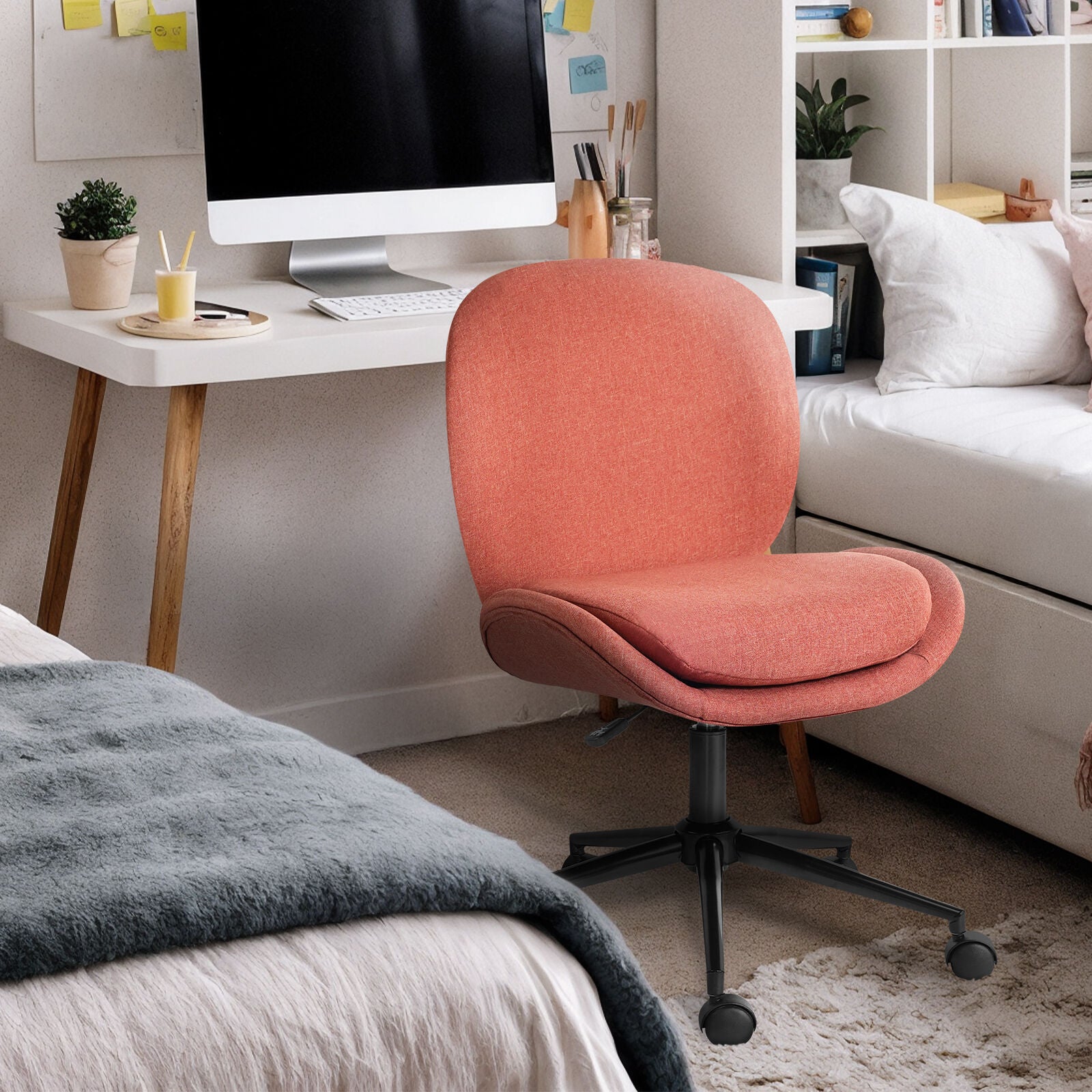 Office Desk Chair - Linen Fabric Armless Swivel Study Seat OVOID EARTHY RED V274-FT-VOC-003BK-RD