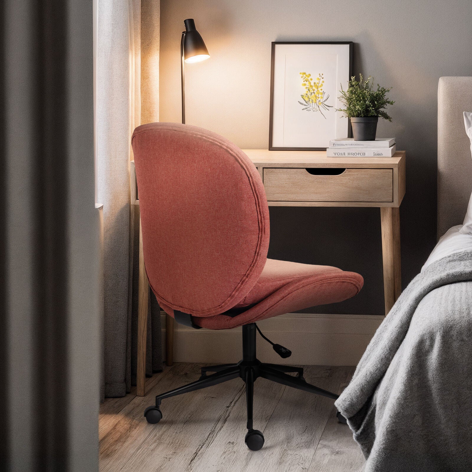 Office Desk Chair - Linen Fabric Armless Swivel Study Seat OVOID EARTHY RED V274-FT-VOC-003BK-RD