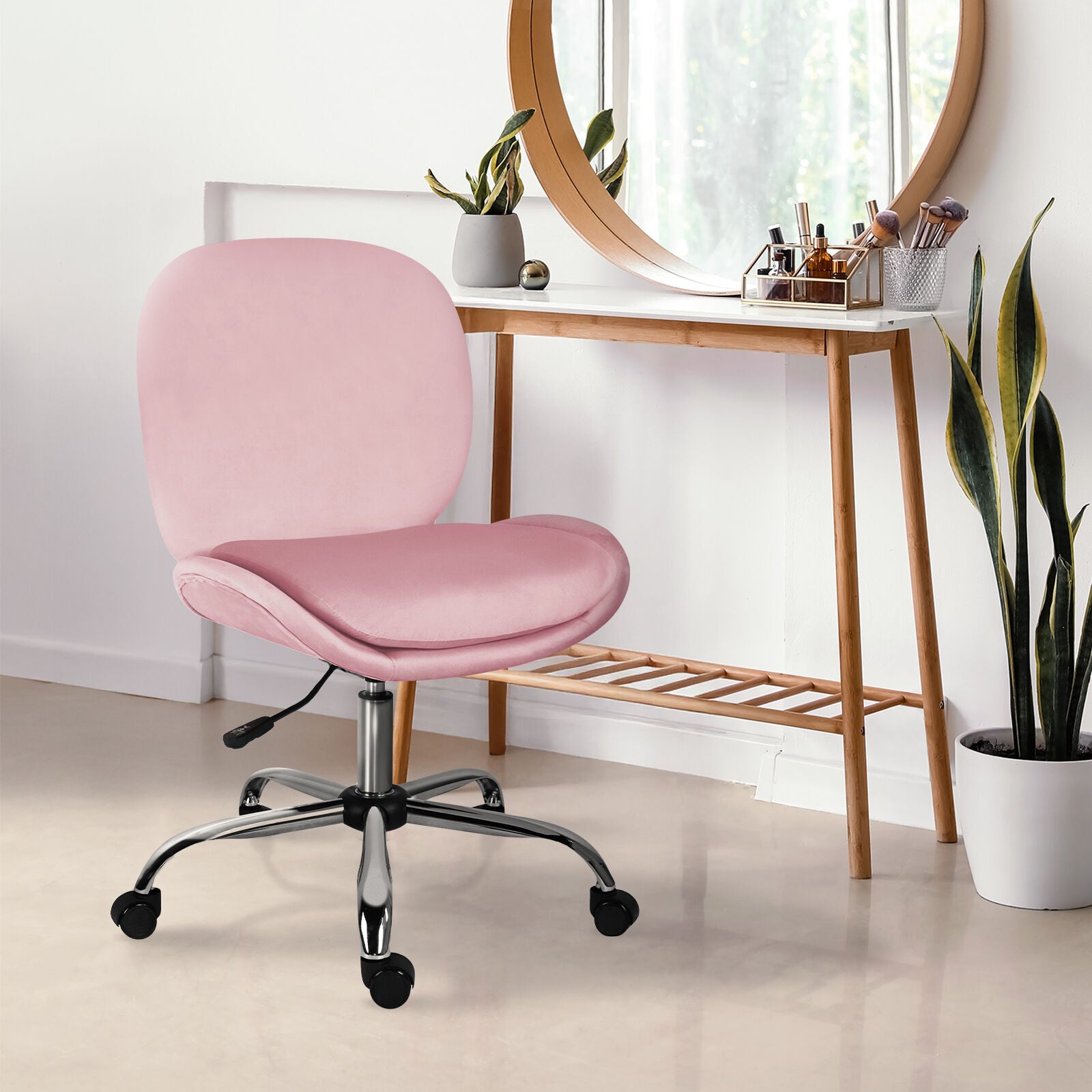 Office Desk Chair - Velvet Armless Swivel Study Seat OVOID PINK V274-FT-VOC-003SL-PK