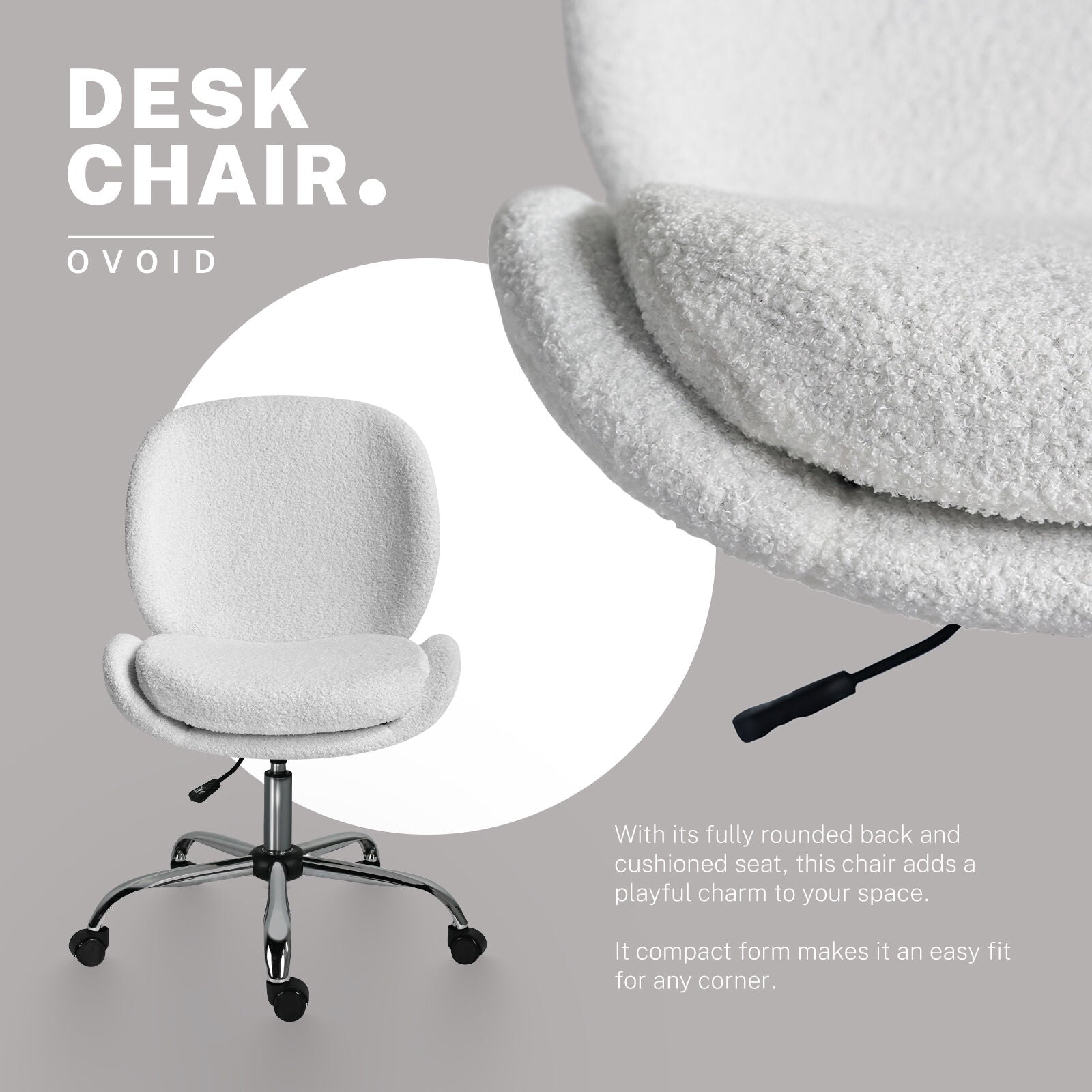 Office Desk Chair - Teddy Boucle Armless Swivel Study Seat OVOID WHITE V274-FT-VOC-003SL-WH