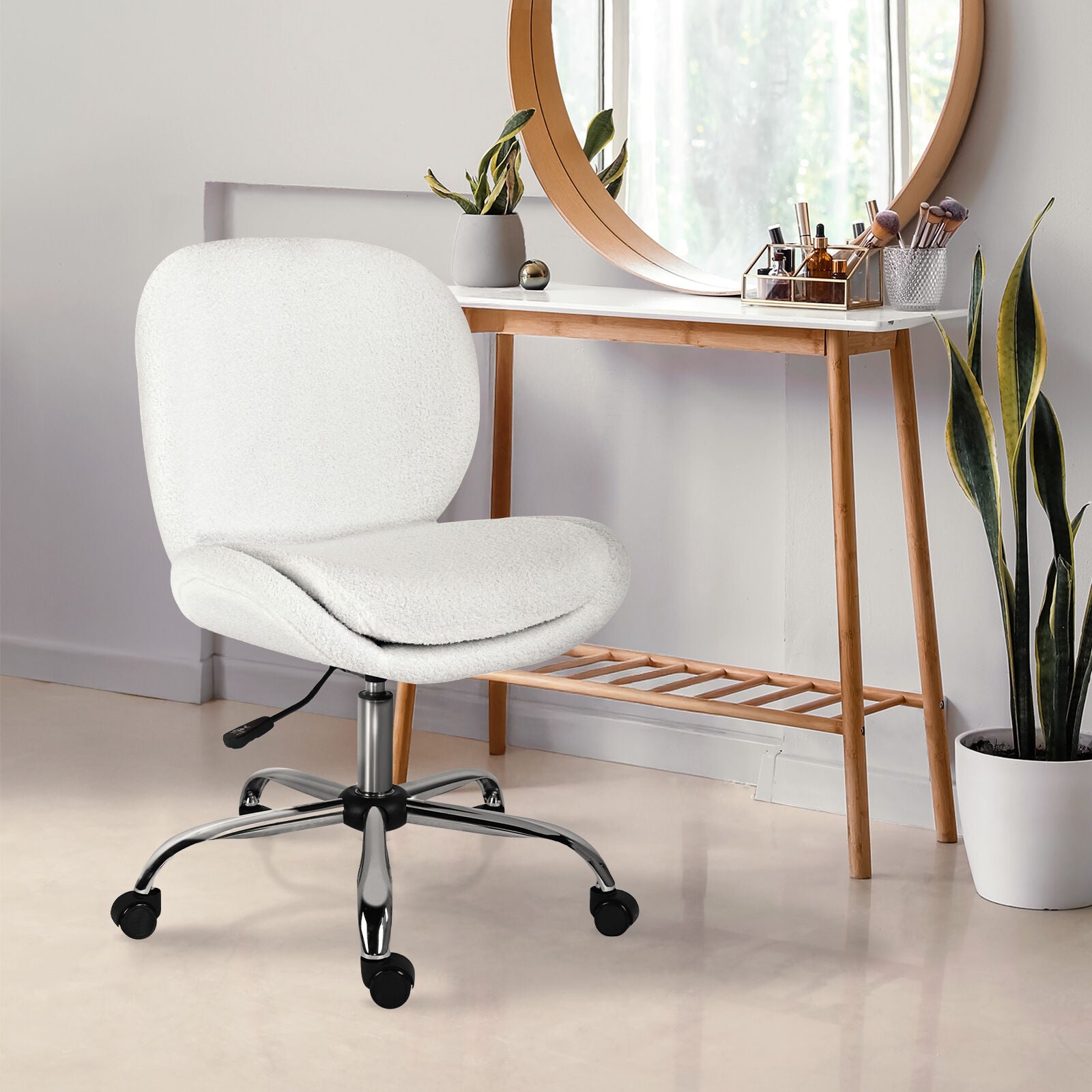 Office Desk Chair - Teddy Boucle Armless Swivel Study Seat OVOID WHITE V274-FT-VOC-003SL-WH