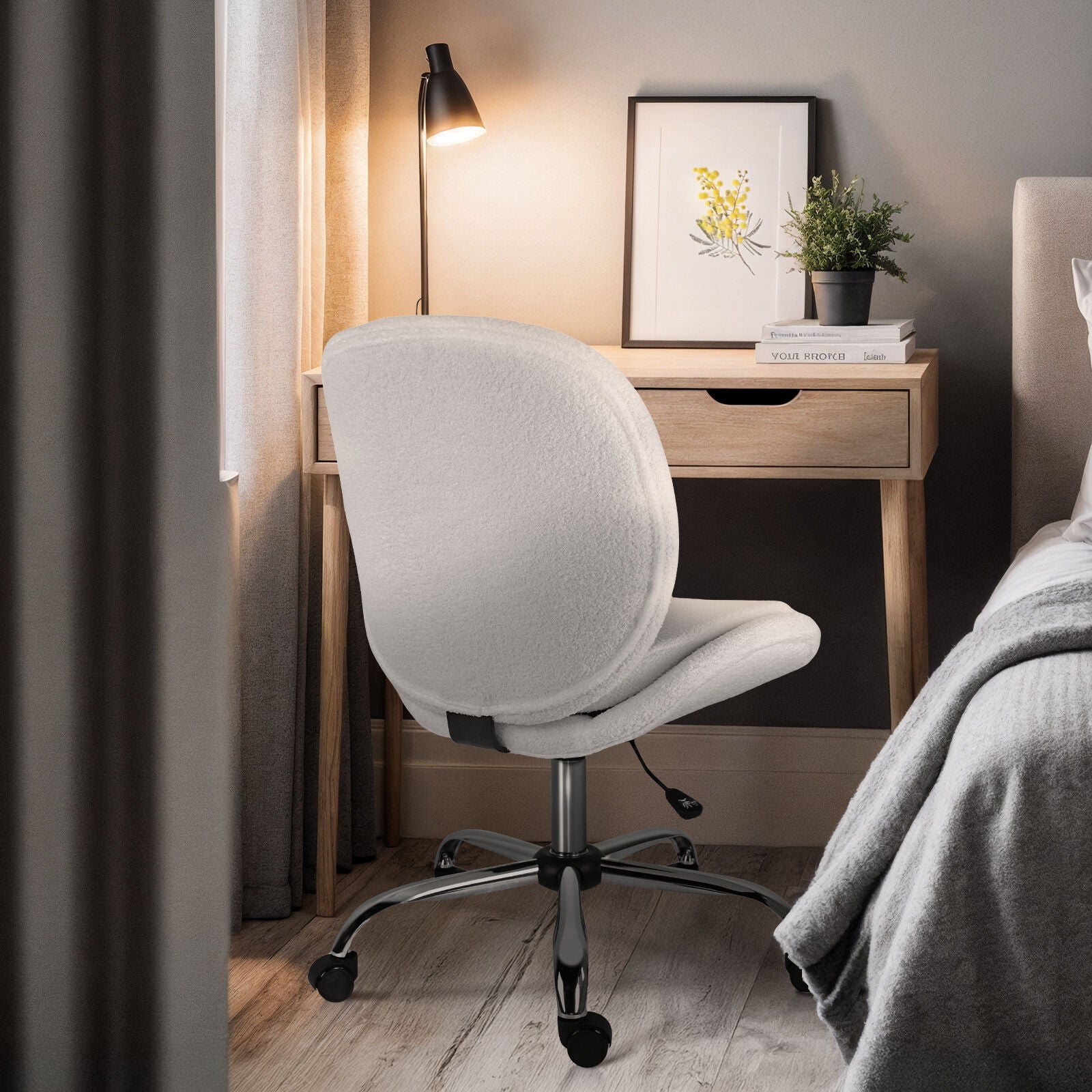 Office Desk Chair - Teddy Boucle Armless Swivel Study Seat OVOID WHITE V274-FT-VOC-003SL-WH