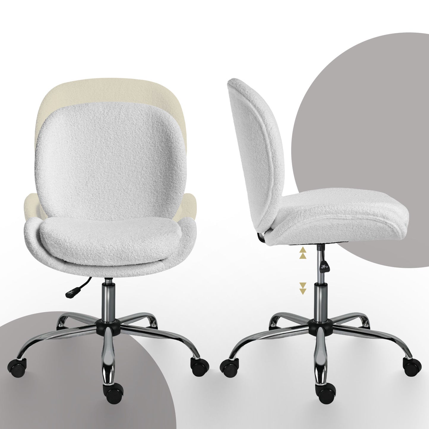 Office Desk Chair - Teddy Boucle Armless Swivel Study Seat OVOID WHITE V274-FT-VOC-003SL-WH