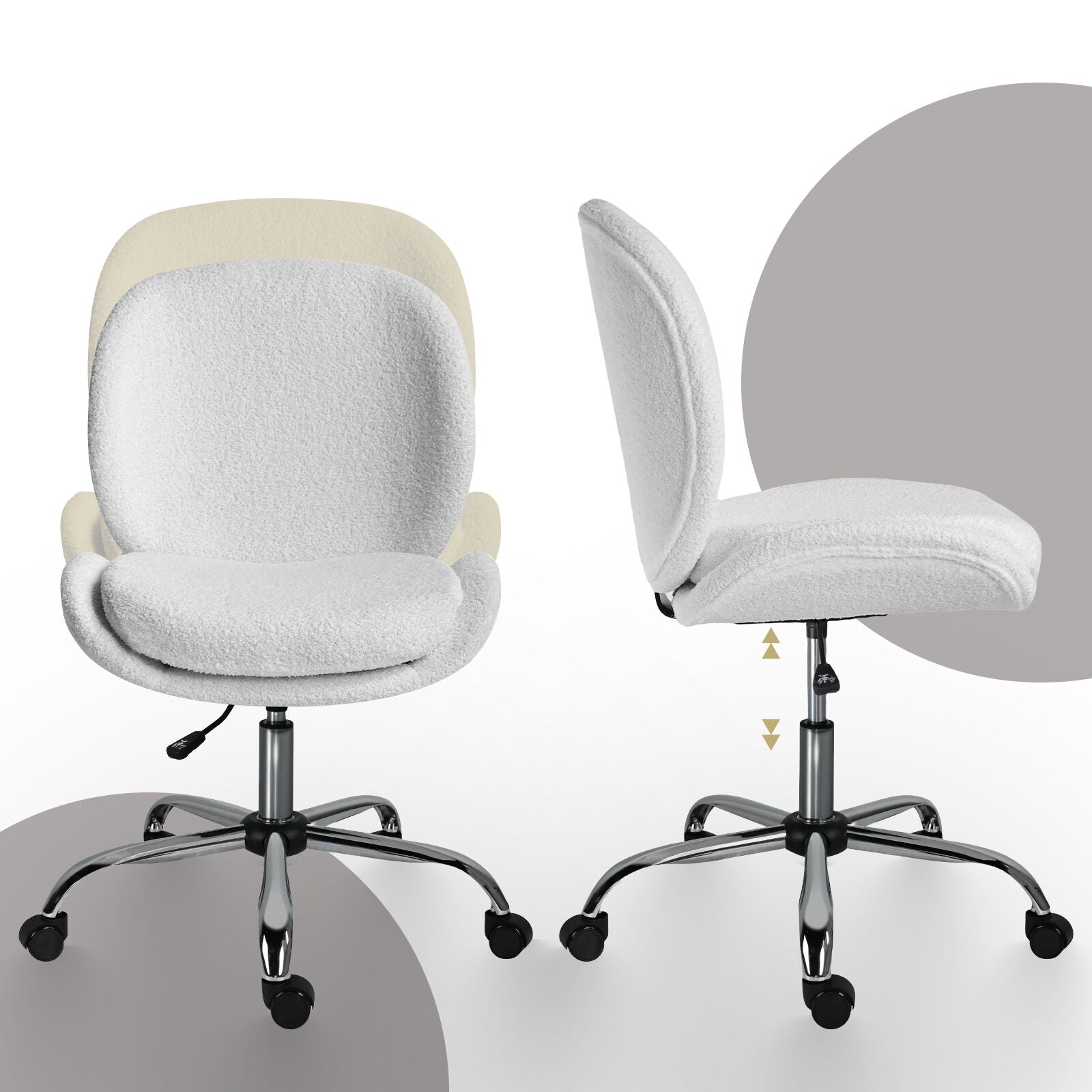 Office Desk Chair - Teddy Boucle Armless Swivel Study Seat OVOID WHITE V274-FT-VOC-003SL-WH