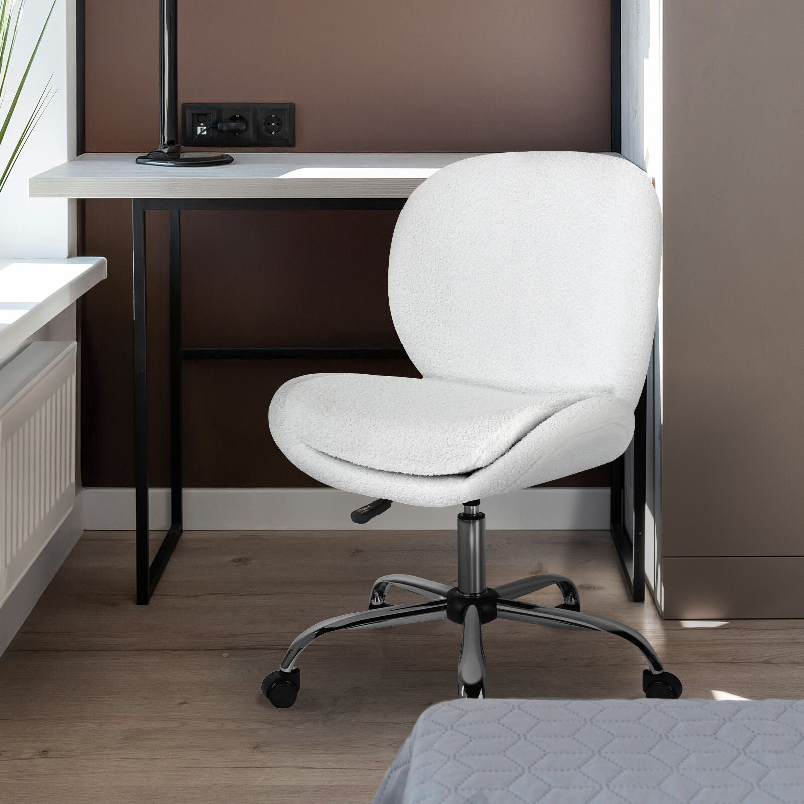 Office Desk Chair - Teddy Boucle Armless Swivel Study Seat OVOID WHITE V274-FT-VOC-003SL-WH