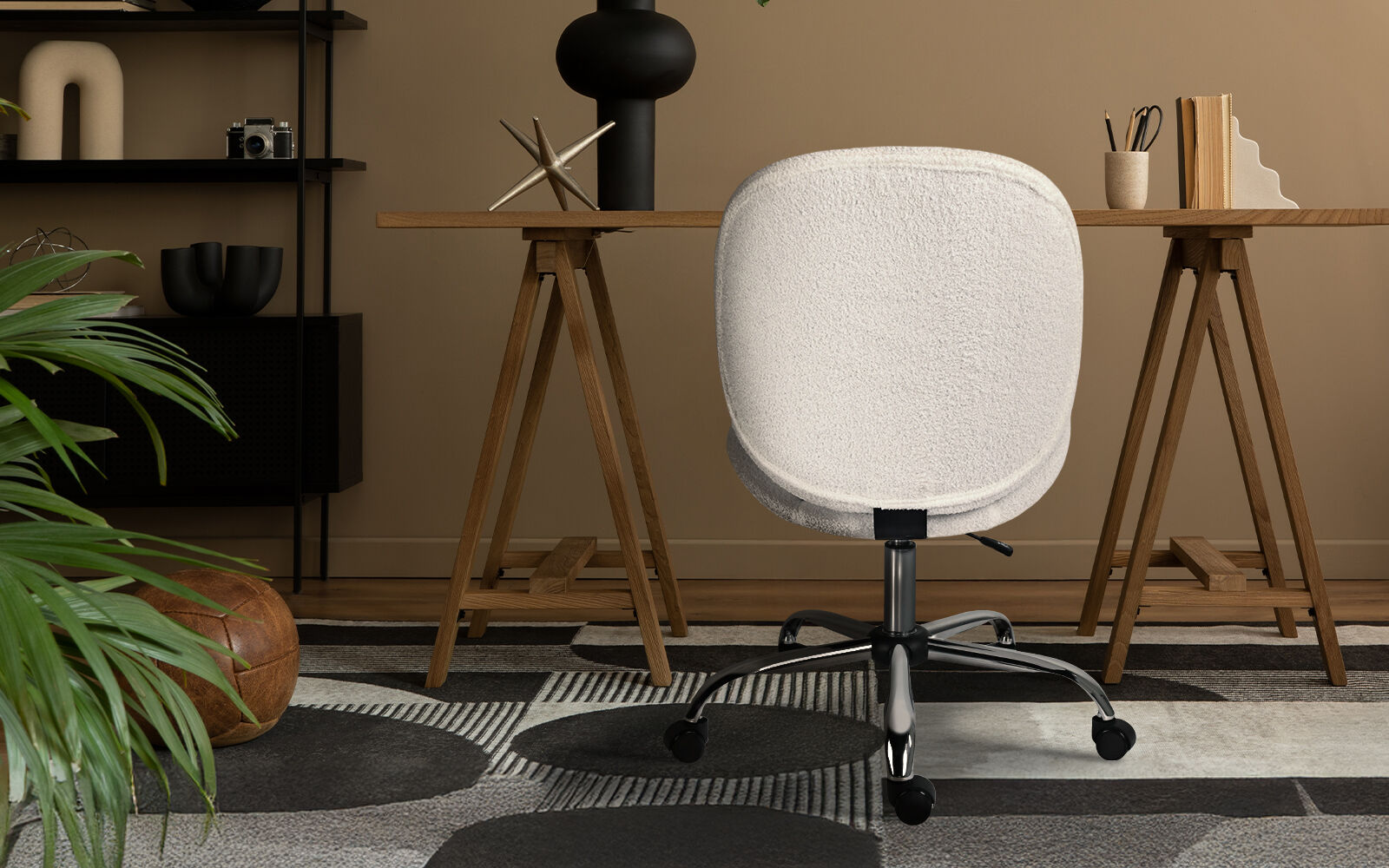 Office Desk Chair - Teddy Boucle Armless Swivel Study Seat OVOID WHITE V274-FT-VOC-003SL-WH