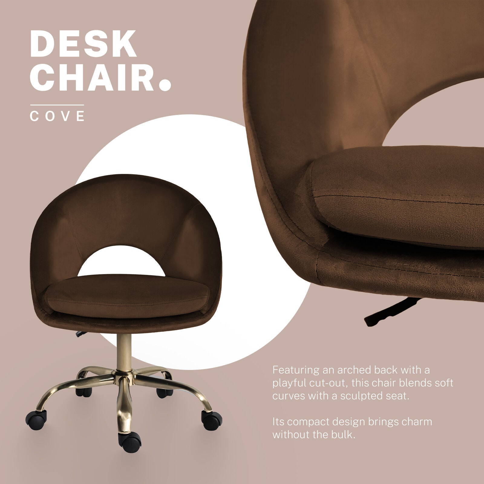 Office Desk Chair - Velvet Home Office Swivel Computer Seat COVE BROWN V274-FT-VOC-004GD-BN