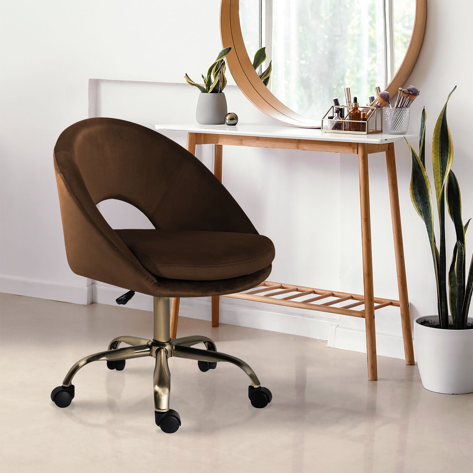 Office Desk Chair - Velvet Home Office Swivel Computer Seat COVE BROWN V274-FT-VOC-004GD-BN