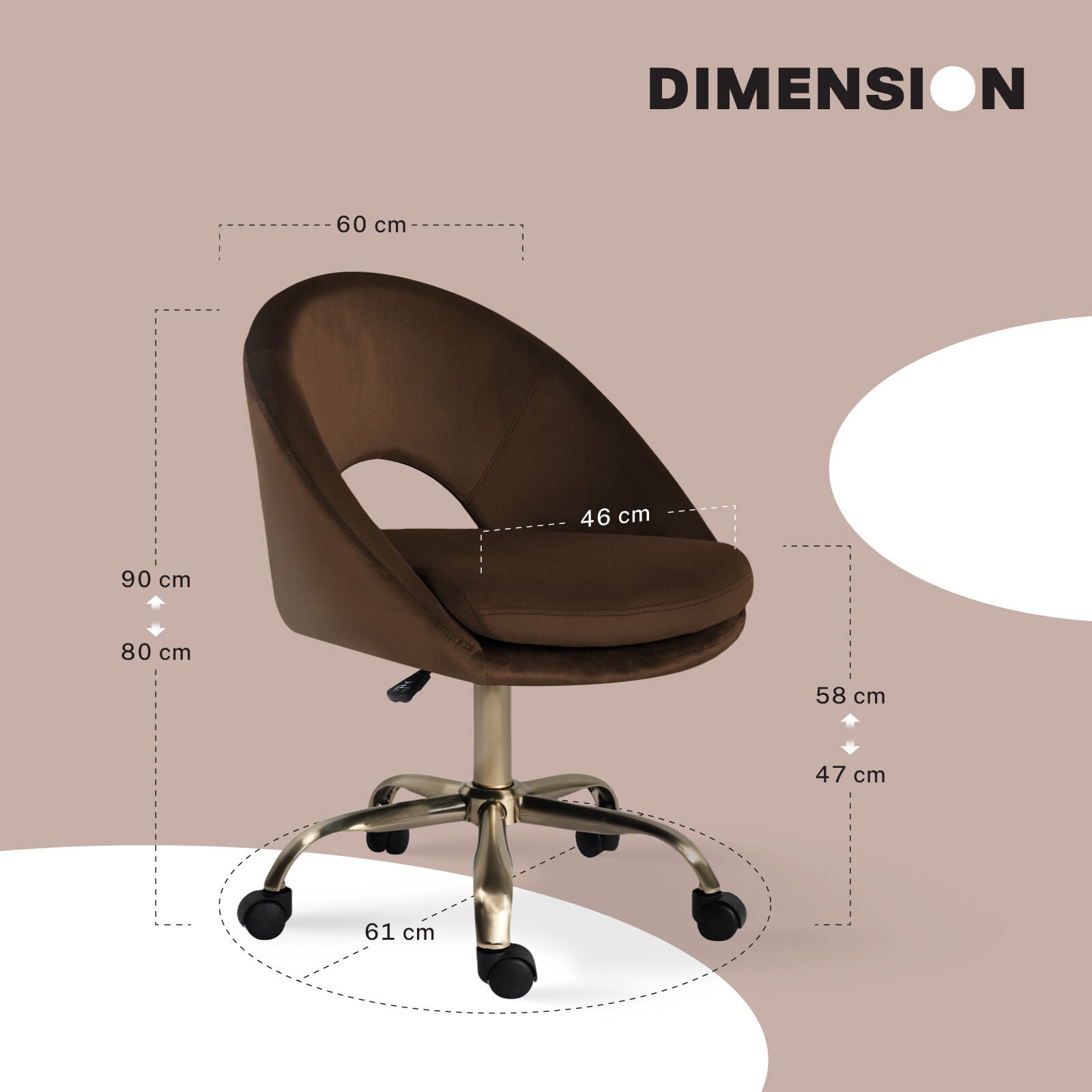 Office Desk Chair - Velvet Home Office Swivel Computer Seat COVE BROWN V274-FT-VOC-004GD-BN