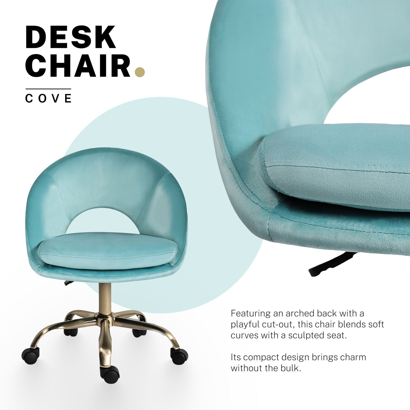 Office Desk Chair - Velvet Home Office Swivel Computer Seat COVE BLUE V274-FT-VOC-004GD-BU
