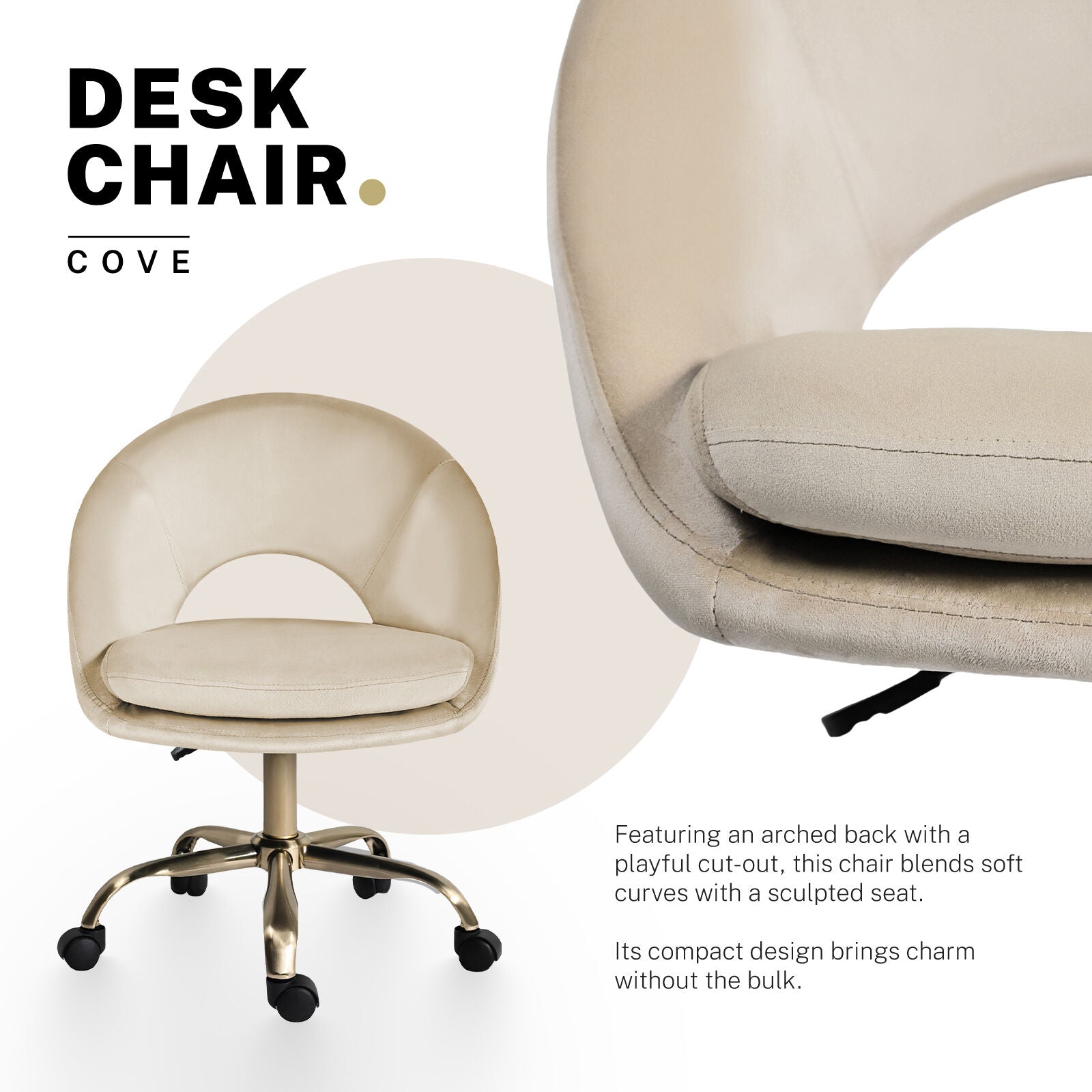 Office Desk Chair - Velvet Home Office Swivel Computer Seat COVE CREAM V274-FT-VOC-004GD-CR