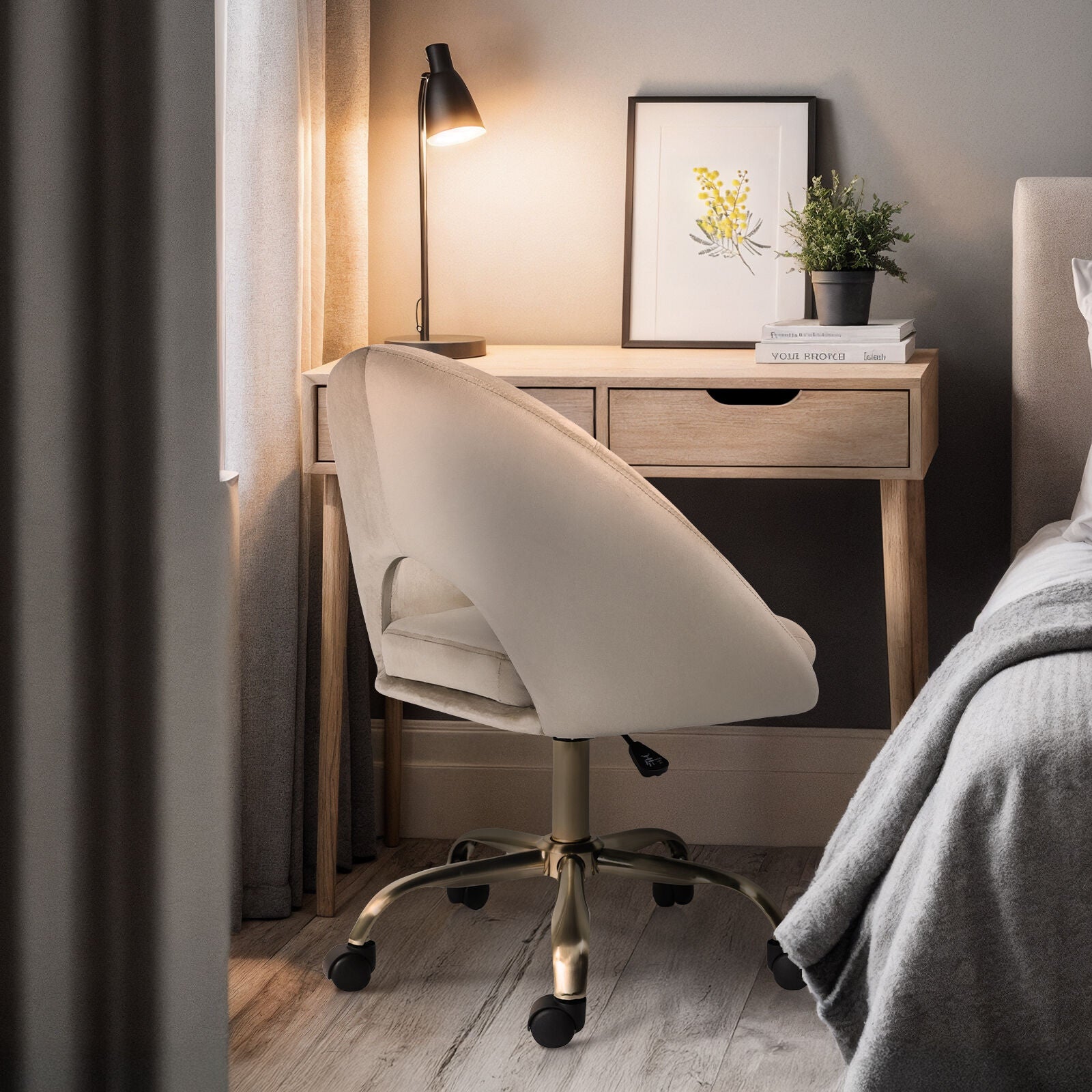 Office Desk Chair - Velvet Home Office Swivel Computer Seat COVE CREAM V274-FT-VOC-004GD-CR