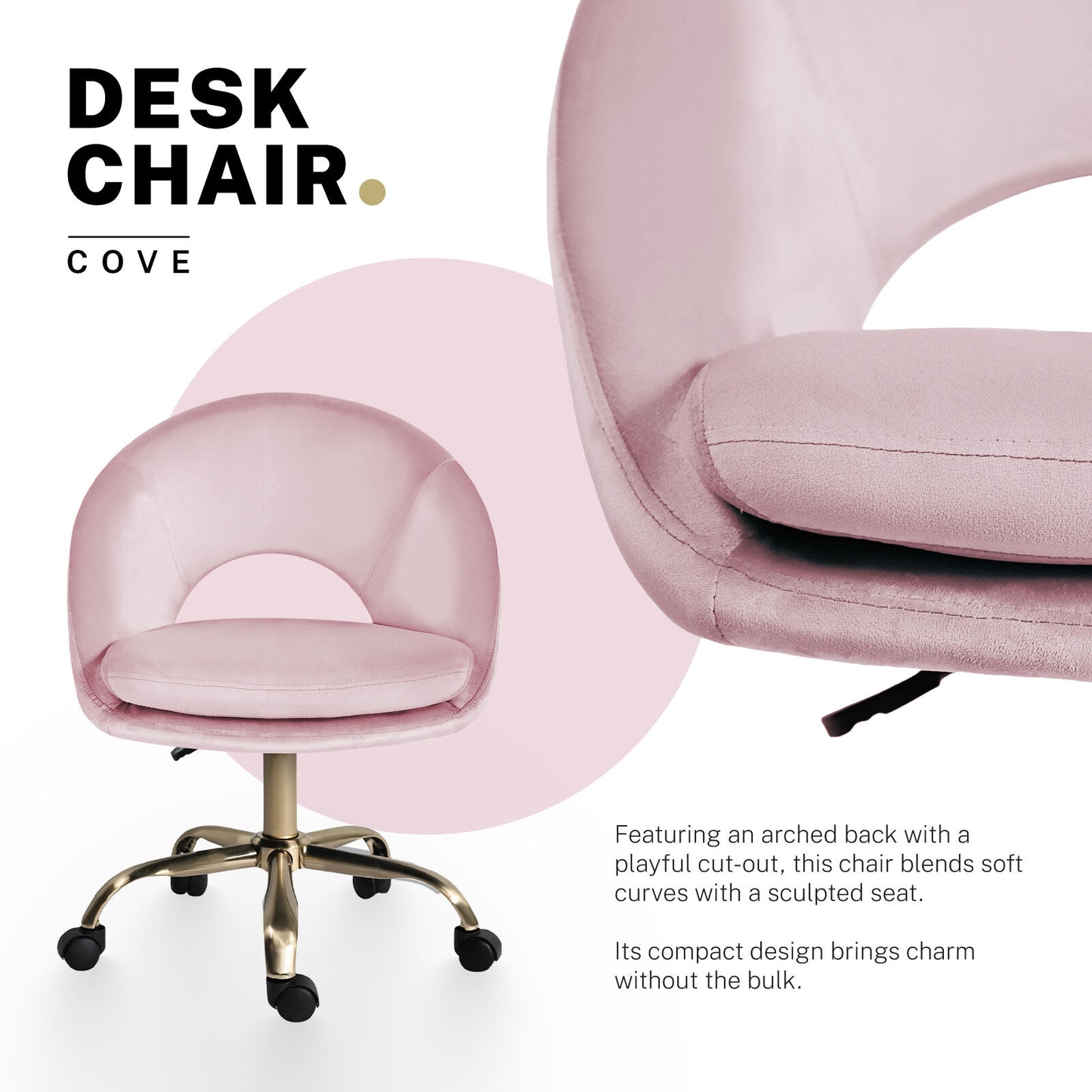 Office Desk Chair - Velvet Home Office Swivel Computer Seat COVE PINK V274-FT-VOC-004GD-PK