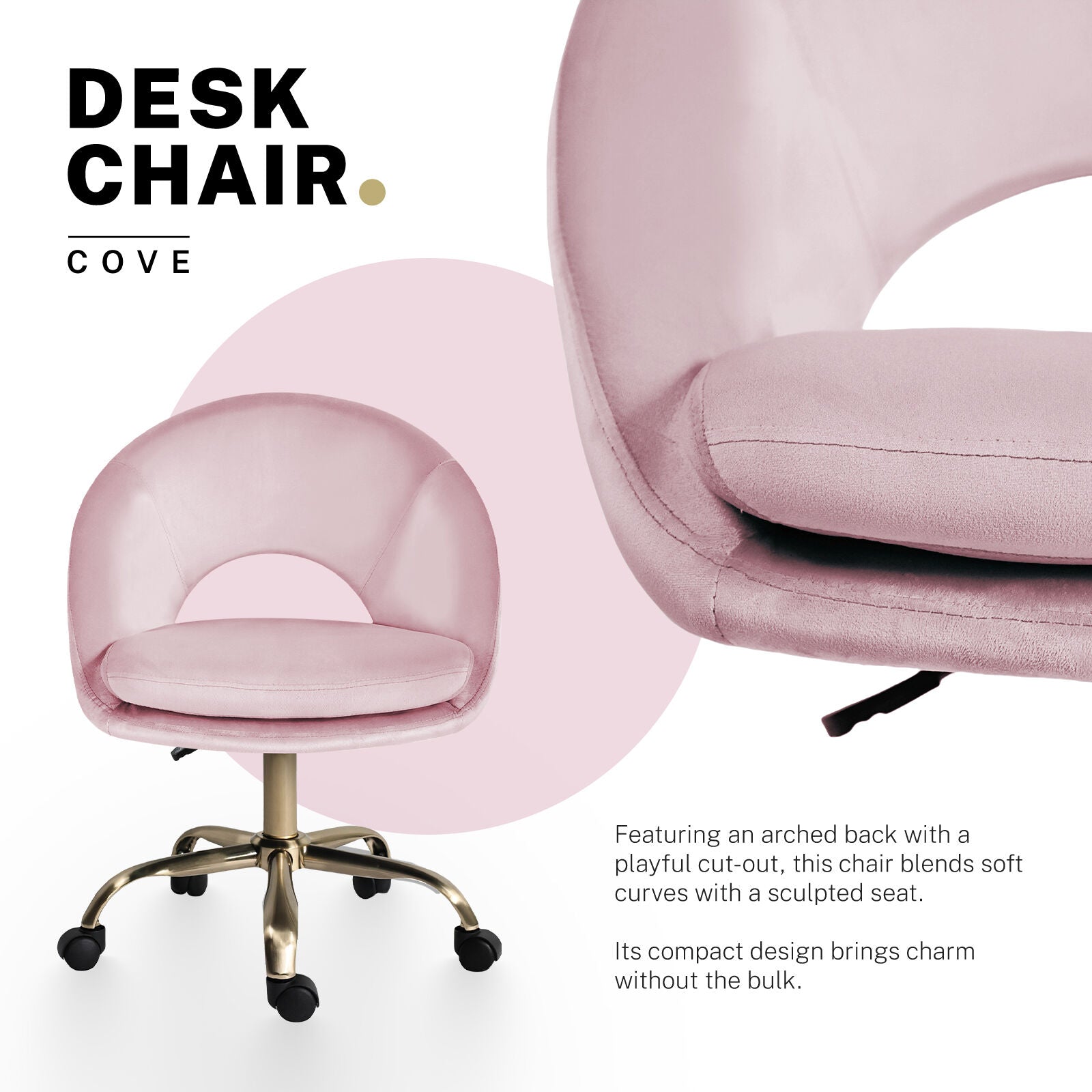 Office Desk Chair - Velvet Home Office Swivel Computer Seat COVE PINK V274-FT-VOC-004GD-PK