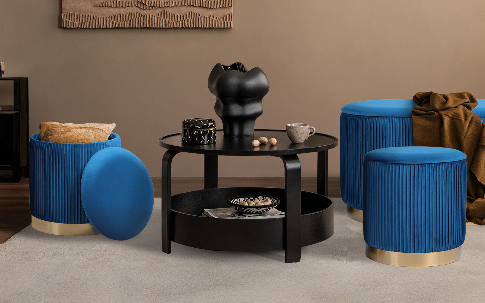 3 Piece Set Storage Ottoman - Blanket Box Velvet Padded Bench Stool FAYE BLUE V274-FT-VR-162VA-BU3