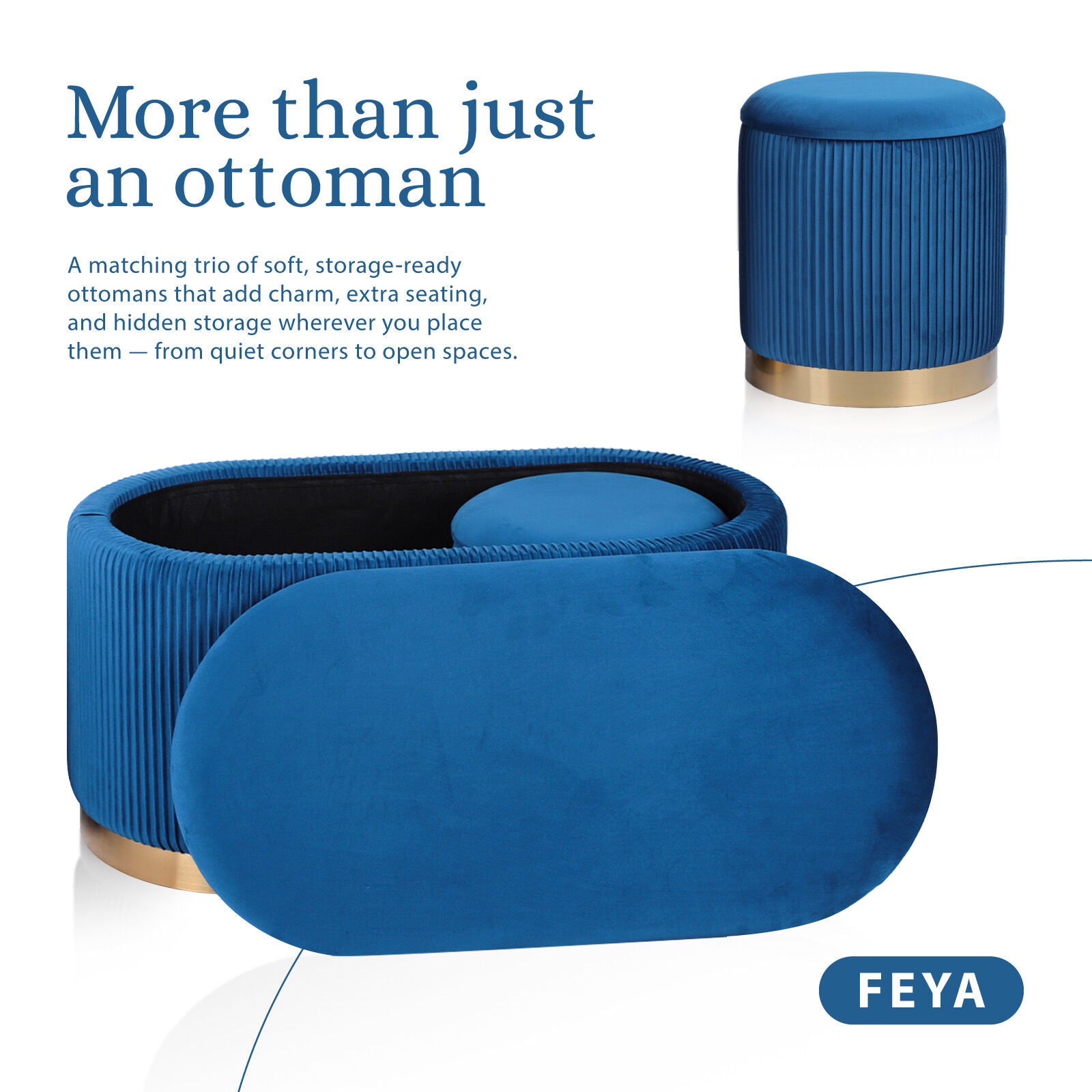 3 Piece Set Storage Ottoman - Blanket Box Velvet Padded Bench Stool FAYE BLUE V274-FT-VR-162VA-BU3