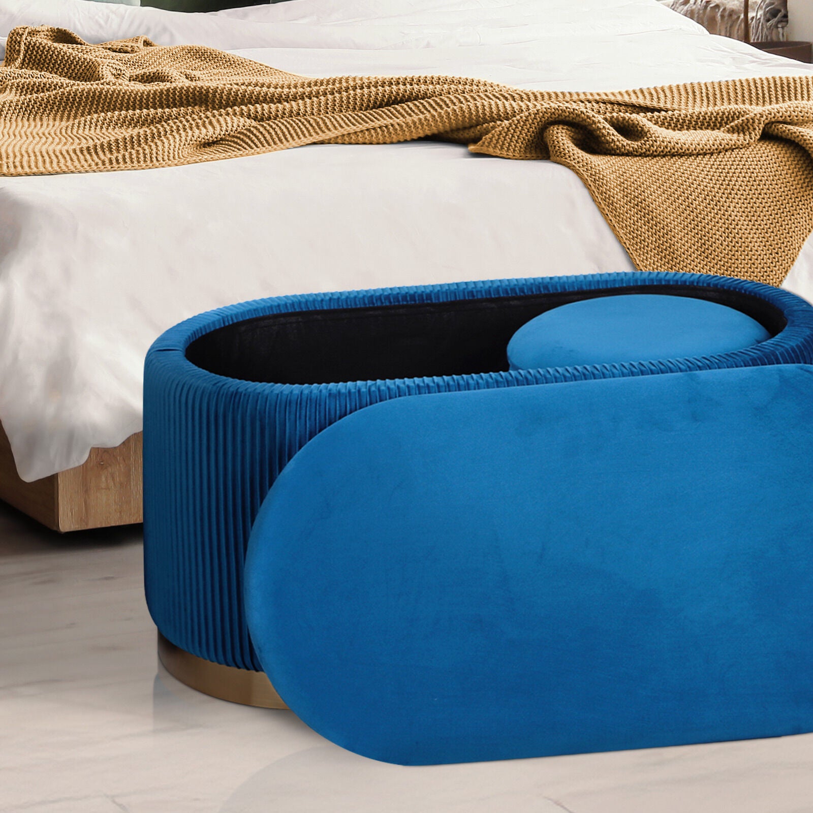 3 Piece Set Storage Ottoman - Blanket Box Velvet Padded Bench Stool FAYE BLUE V274-FT-VR-162VA-BU3