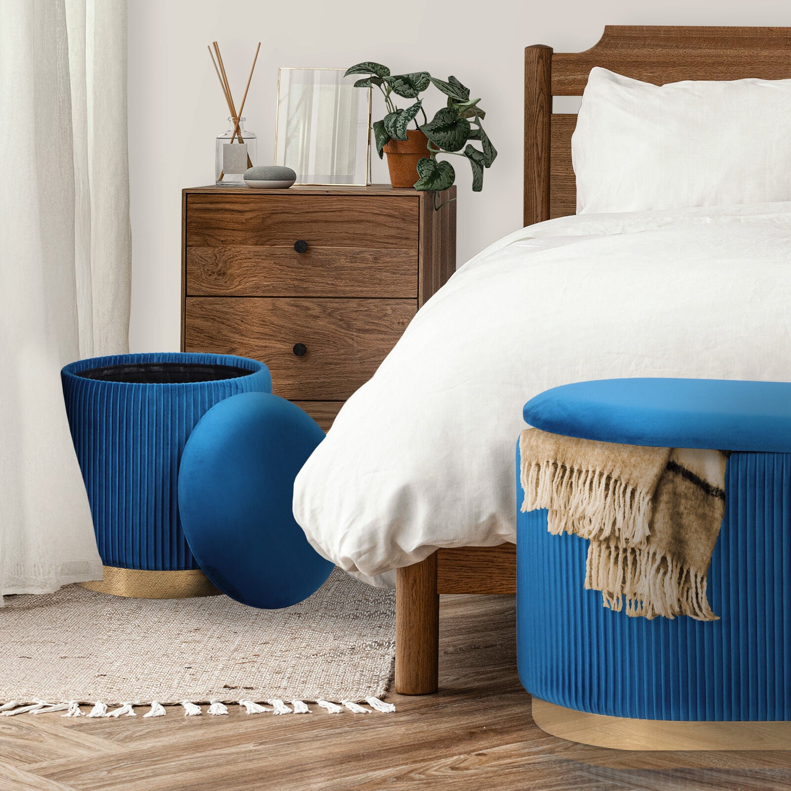 3 Piece Set Storage Ottoman - Blanket Box Velvet Padded Bench Stool FAYE BLUE V274-FT-VR-162VA-BU3