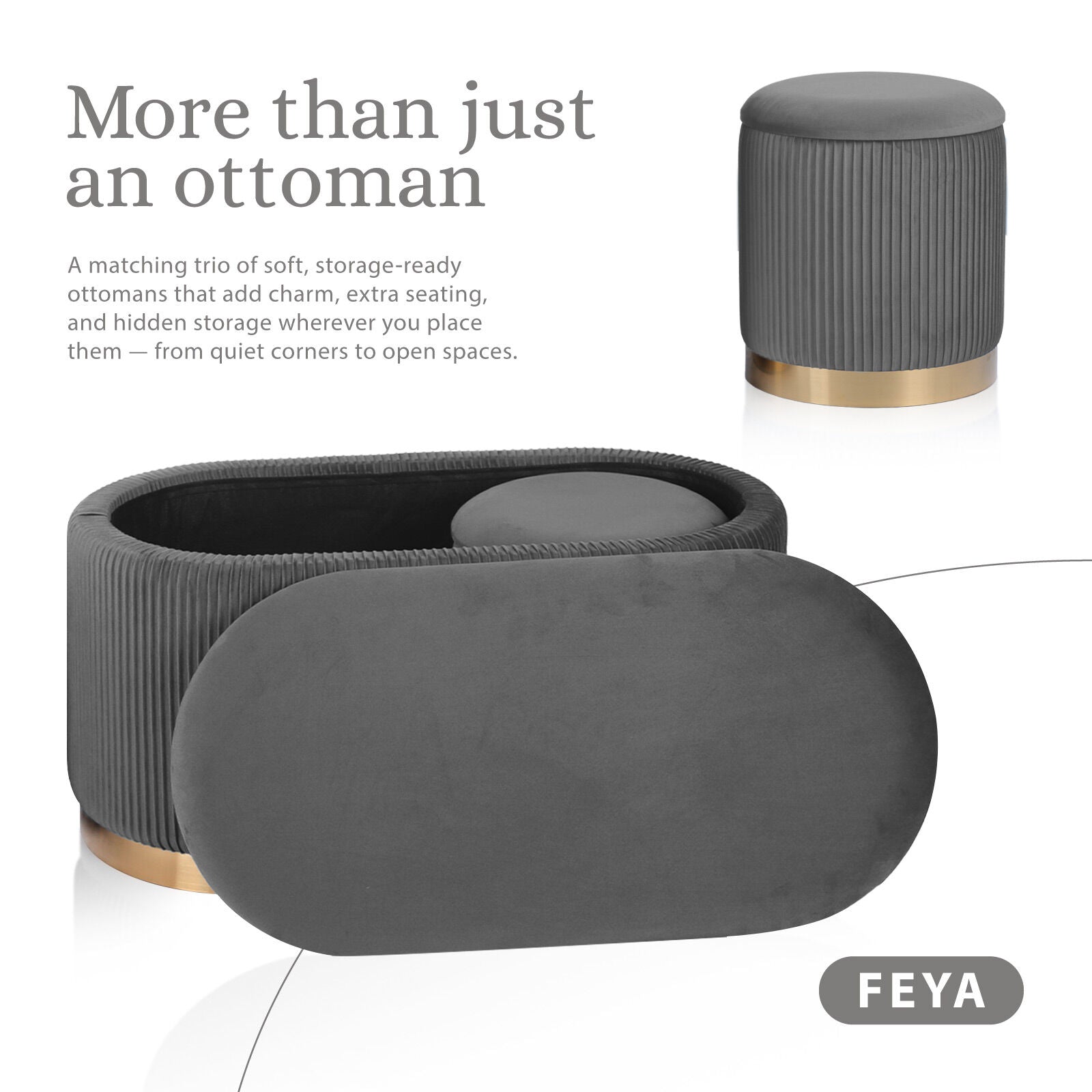 3 Piece Set Storage Ottoman - Blanket Box Velvet Padded Bench Stool FAYE GREY V274-FT-VR-162VA-GY3