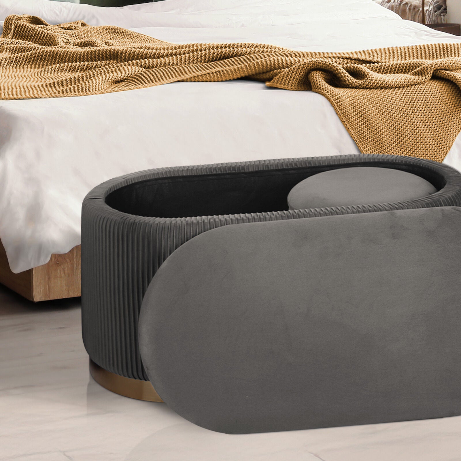 3 Piece Set Storage Ottoman - Blanket Box Velvet Padded Bench Stool FAYE GREY V274-FT-VR-162VA-GY3