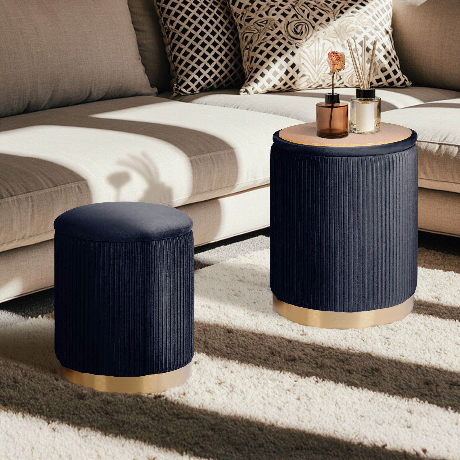 2X Side Table Storage Ottoman - Velvet Stool MIRA Black V274-FT-VR-205VASS-BK