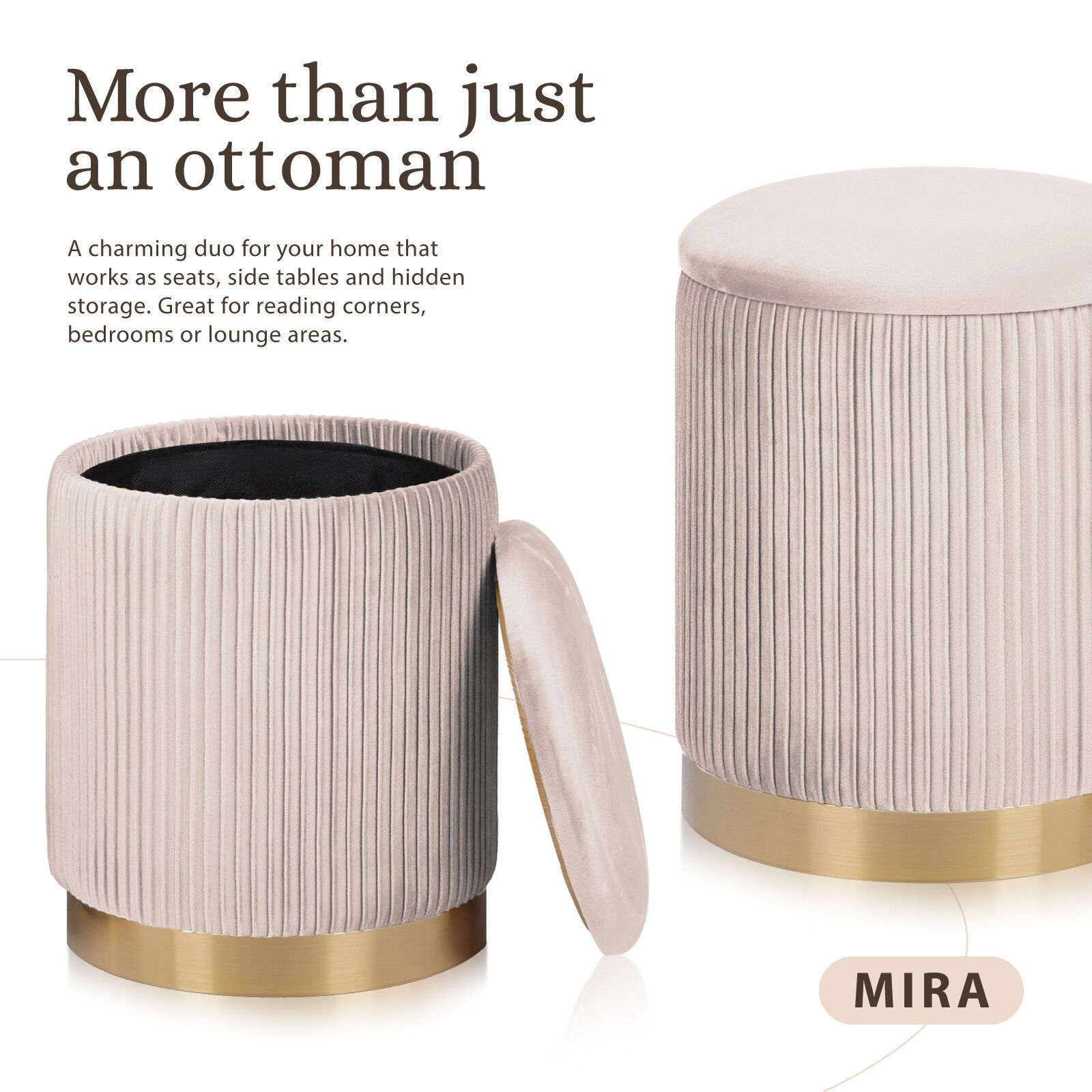 2X Side Table Storage Ottoman - Velvet Stool MIRA Cream V274-FT-VR-205VASS-CR