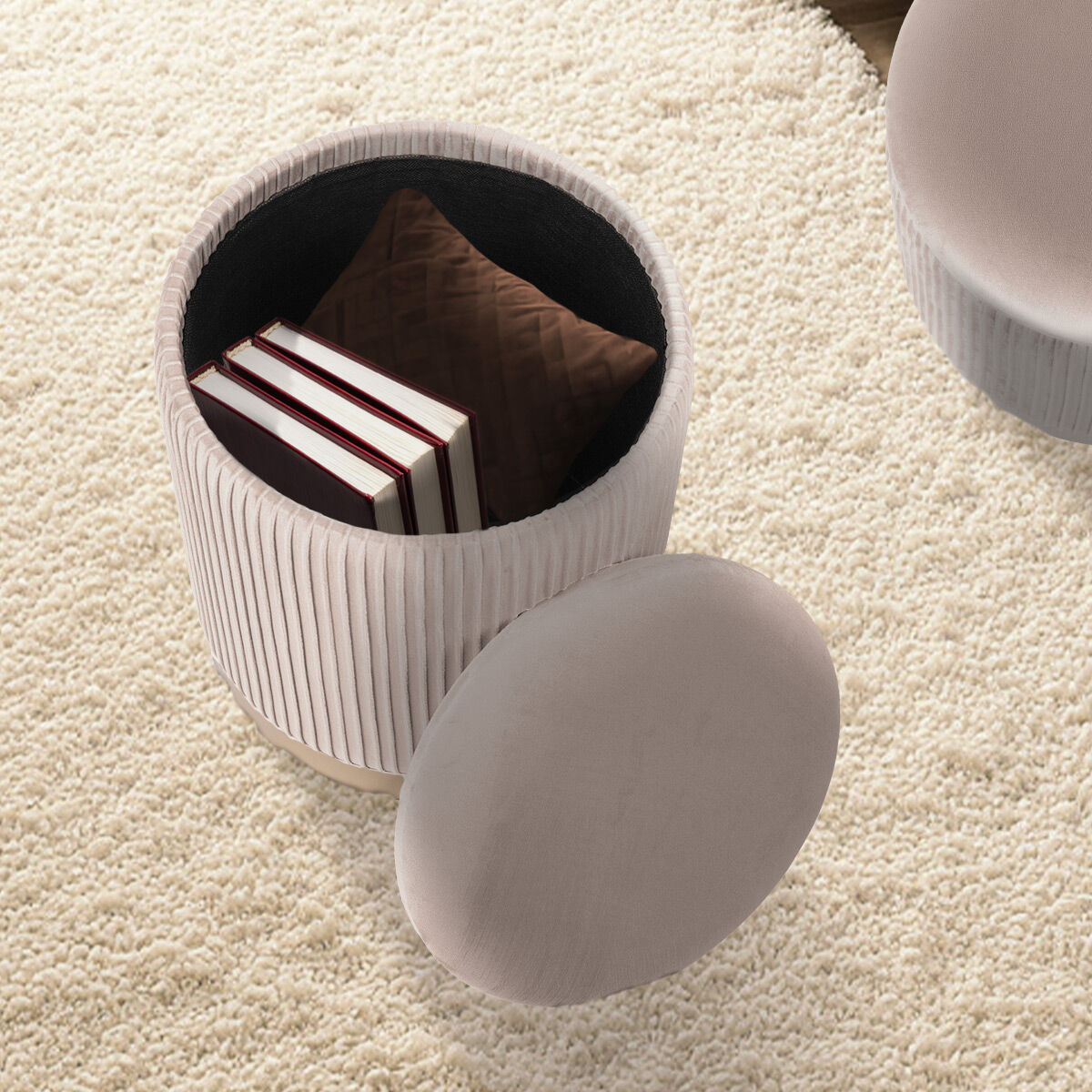 2X Side Table Storage Ottoman - Velvet Stool MIRA Cream V274-FT-VR-205VASS-CR