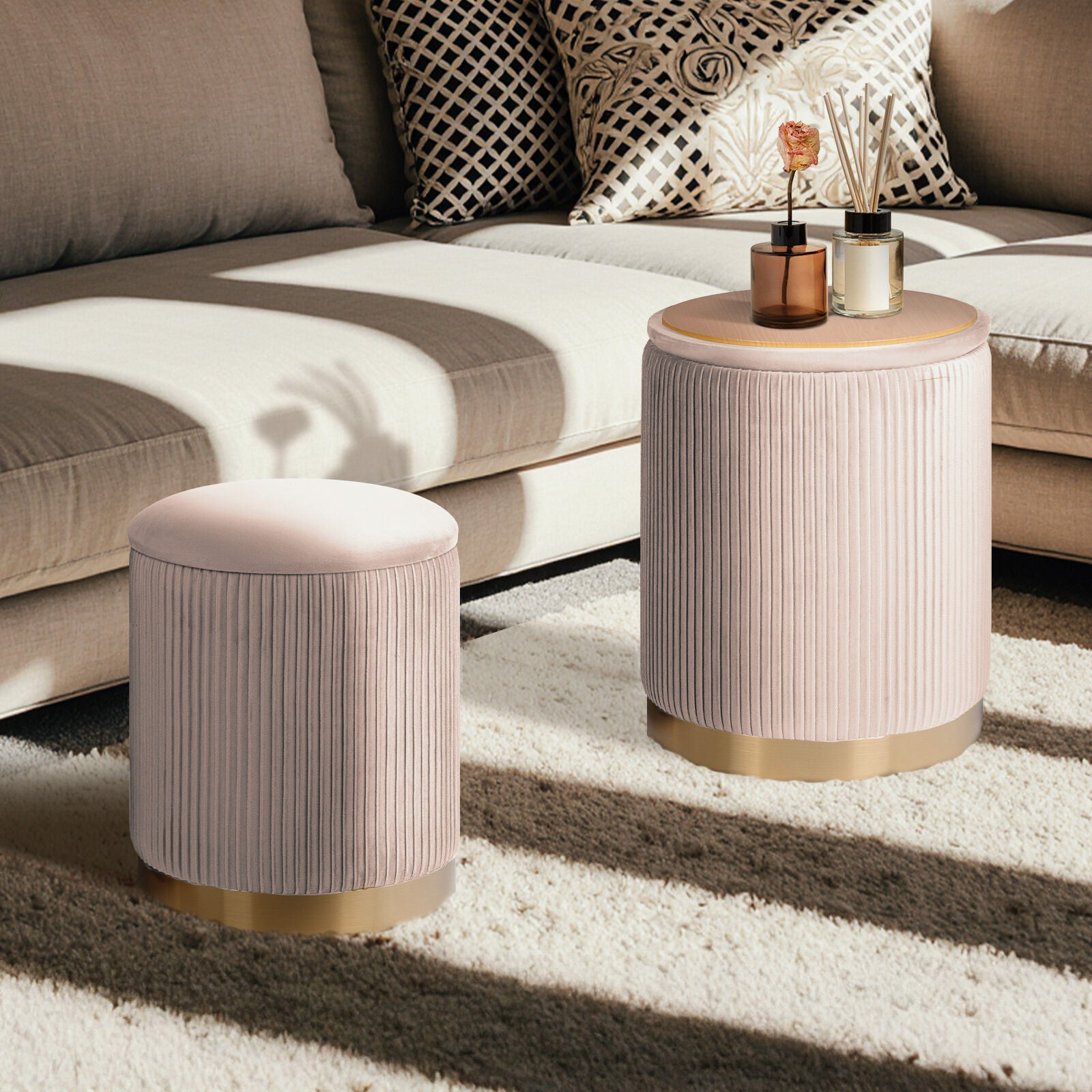 2X Side Table Storage Ottoman - Velvet Stool MIRA Cream V274-FT-VR-205VASS-CR