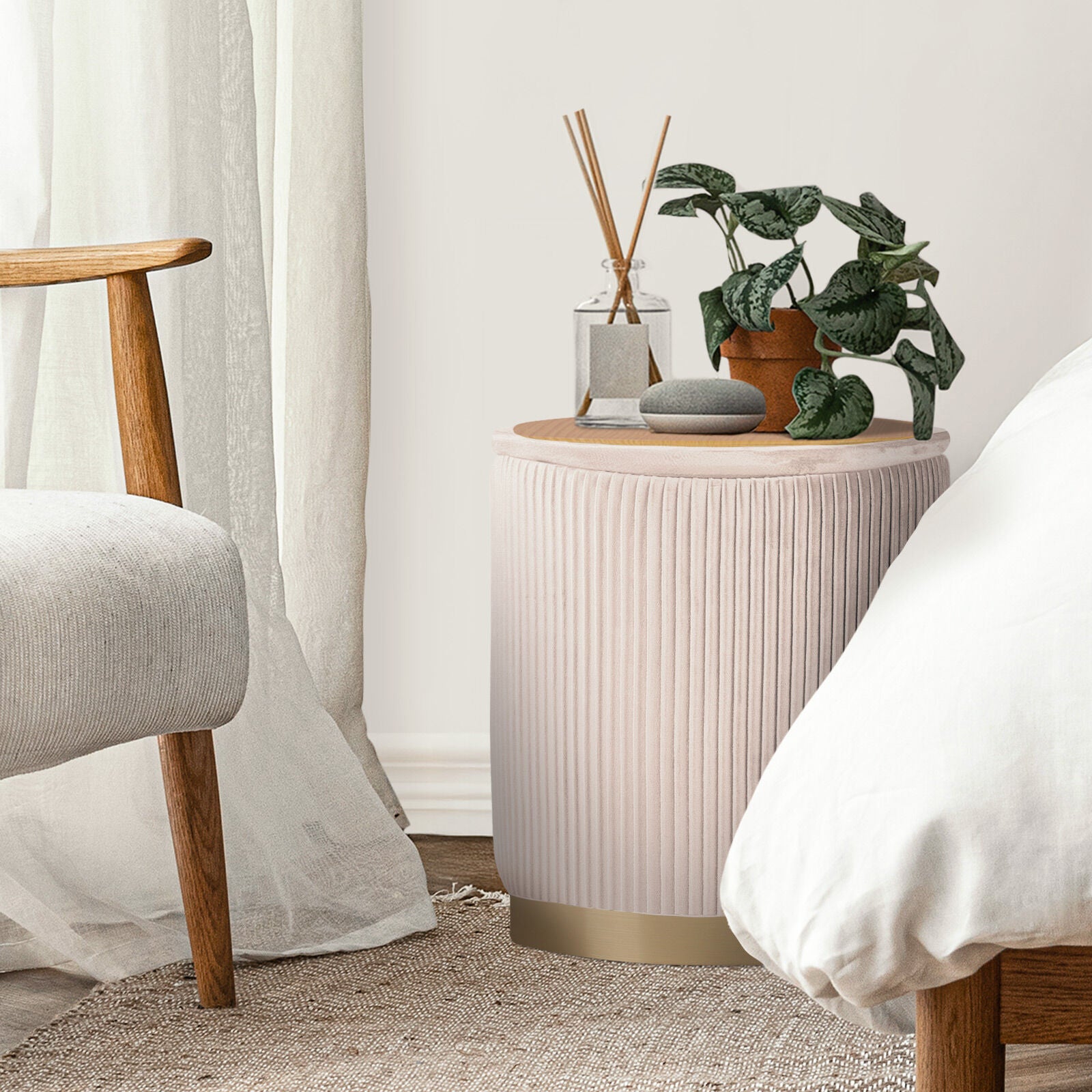 2X Side Table Storage Ottoman - Velvet Stool MIRA Cream V274-FT-VR-205VASS-CR